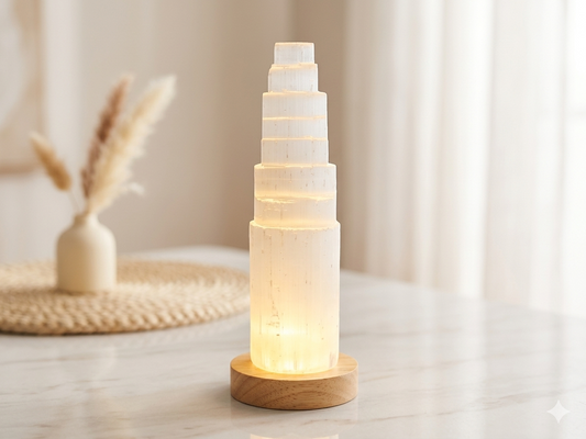 3.5kg Selenite Tower 14" Wood Lamp included Natural Mineral Statement Piece