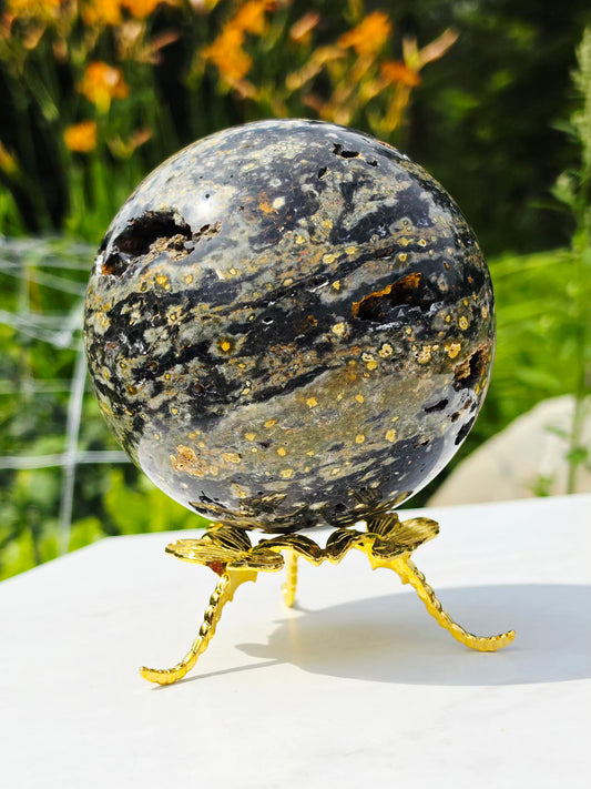 1.77kg Moss Agate Sphere with Butterfly Gold Stand Madagascar Druzy Crystal