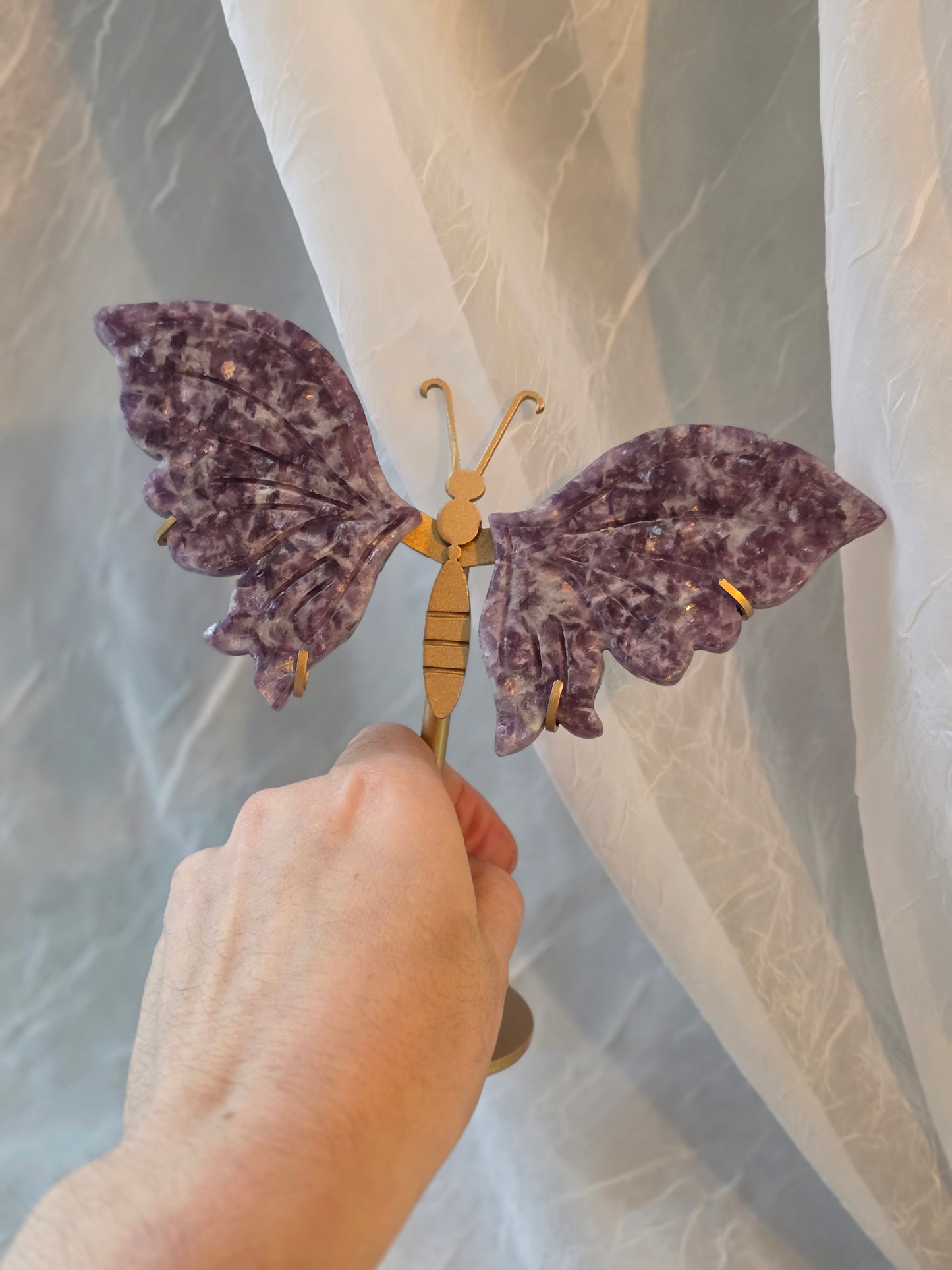 Purple Mica Butterfly Crystal Wing Carving on Stand