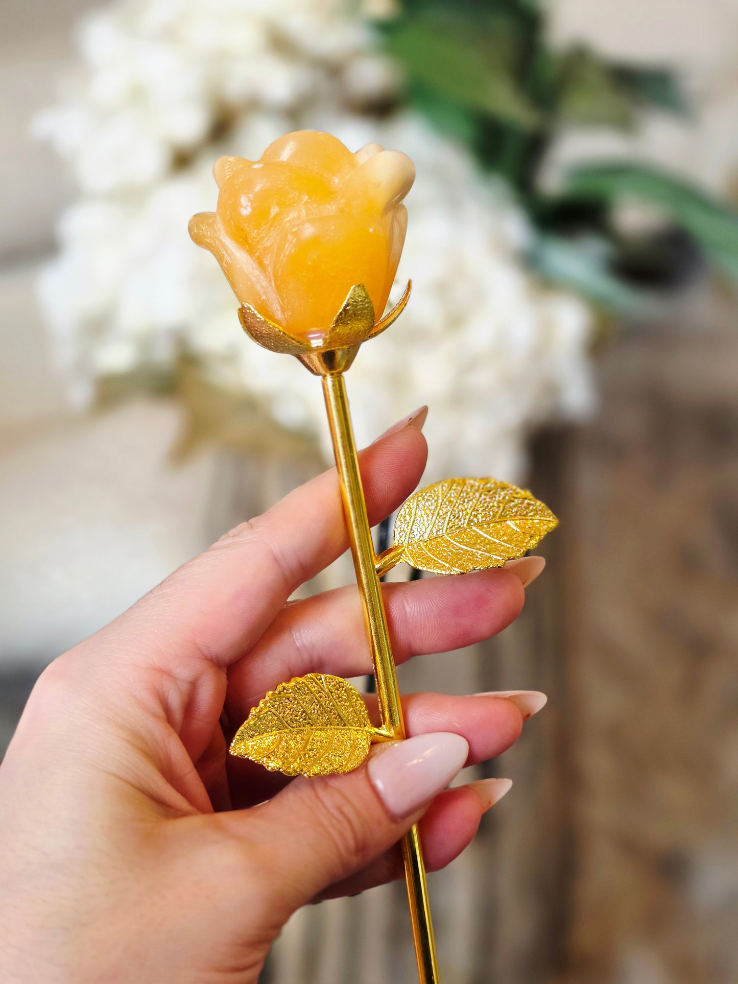 Orange Calcite Flower Carving 23cm - Hand Carved Flower - Metal Gold stems