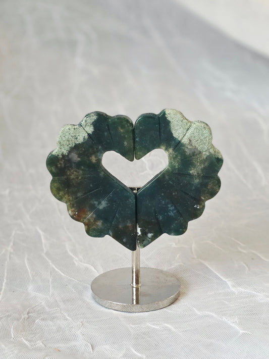 Moss Agate Small Heart Carving on Stand