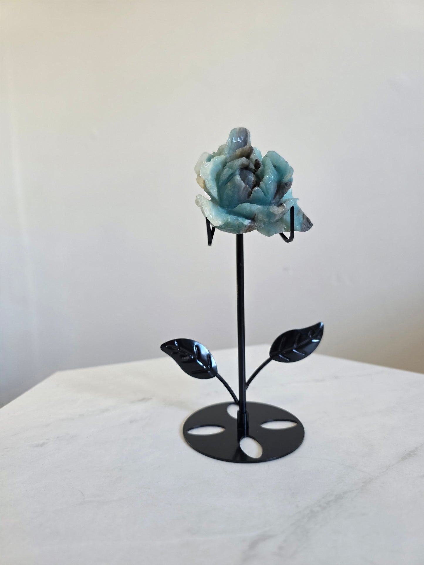 Caribbean Calcite Rose Carving on stand