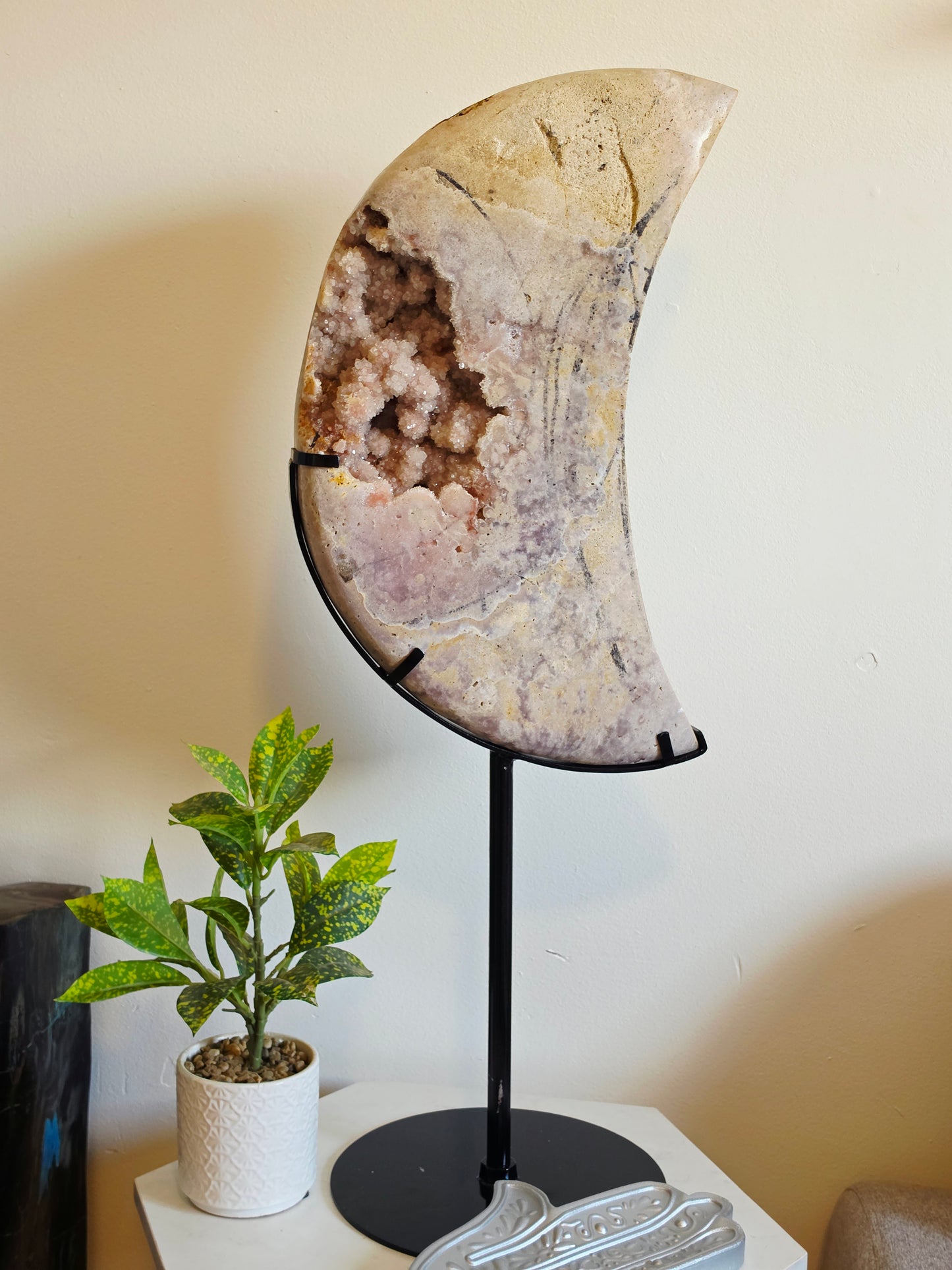 19.84 lbs Pink Amethyst Moon Carving on Custom Stand - Statement Piece