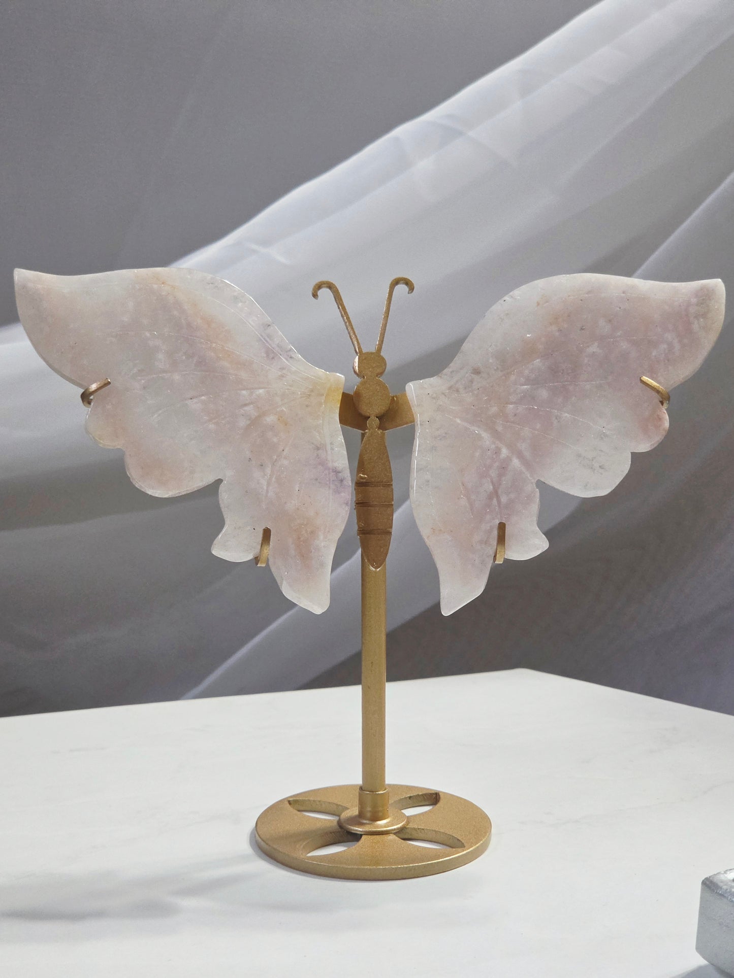 Pink Flower Agate Butterfly Wings Hand Cared on Stand