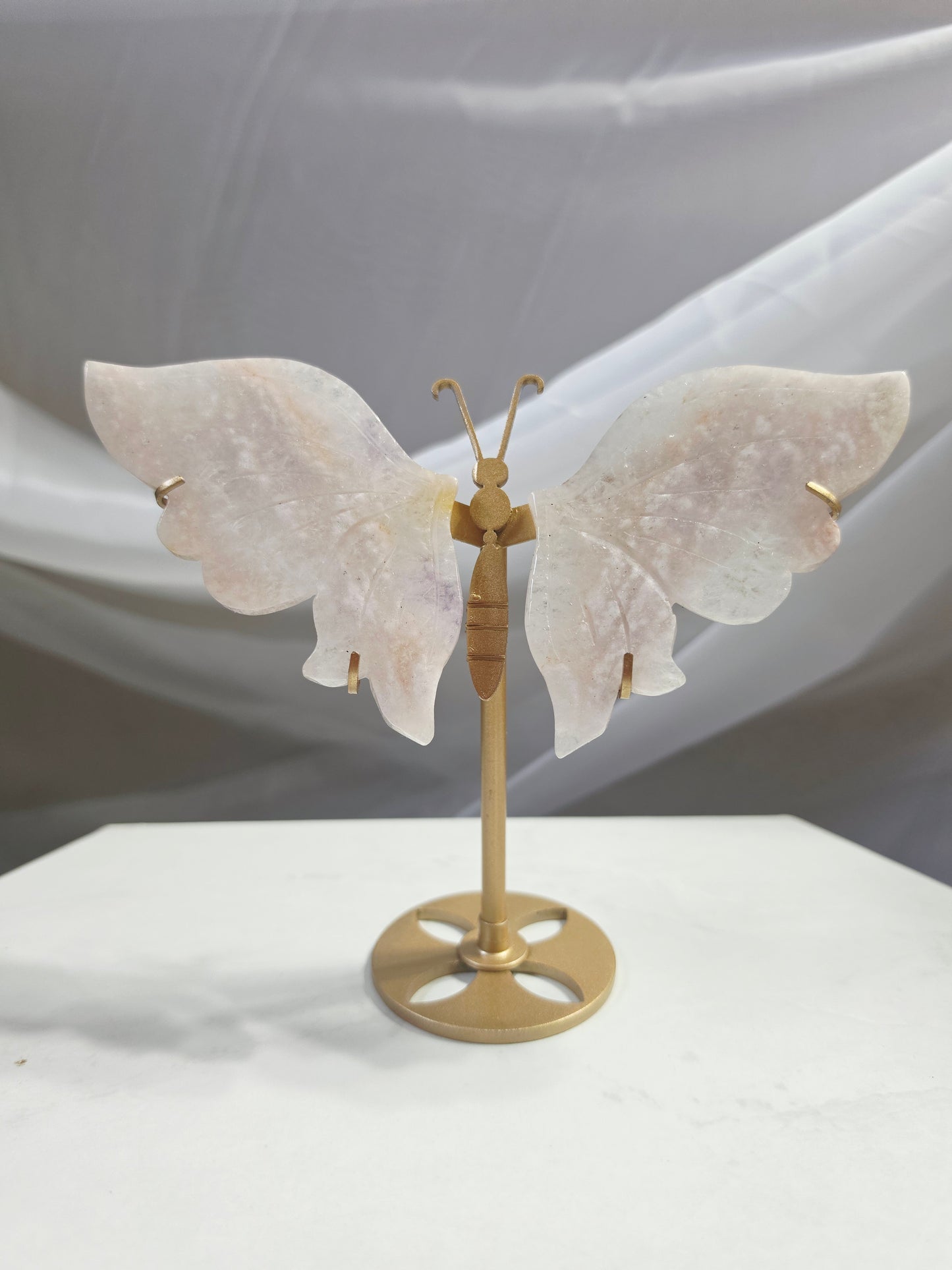 Pink Flower Agate Butterfly Wings Hand Cared on Stand