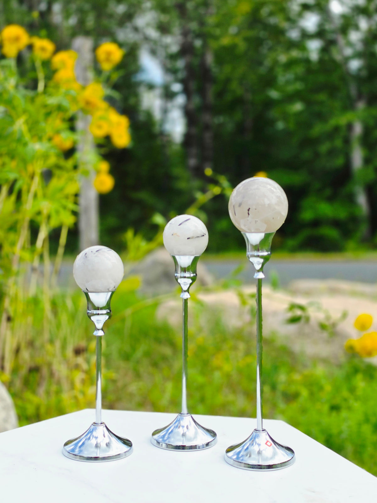 1.46 lbs Clear Quartz with Black Tourmaline Rutile 3 Spheres on Silver Stand