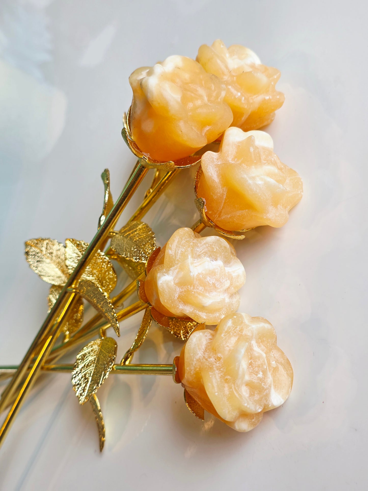 Orange Calcite Flower Carving 23cm - Hand Carved Flower - Metal Gold stems