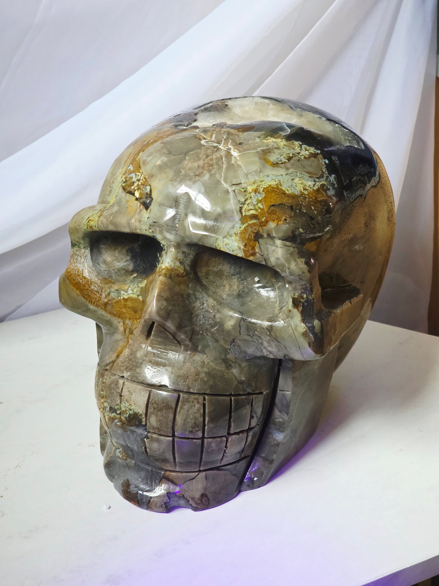 28 Pounds Skull Volcano Agate with Calcite UV Geode Hand Carved Mayan Statement Piece
