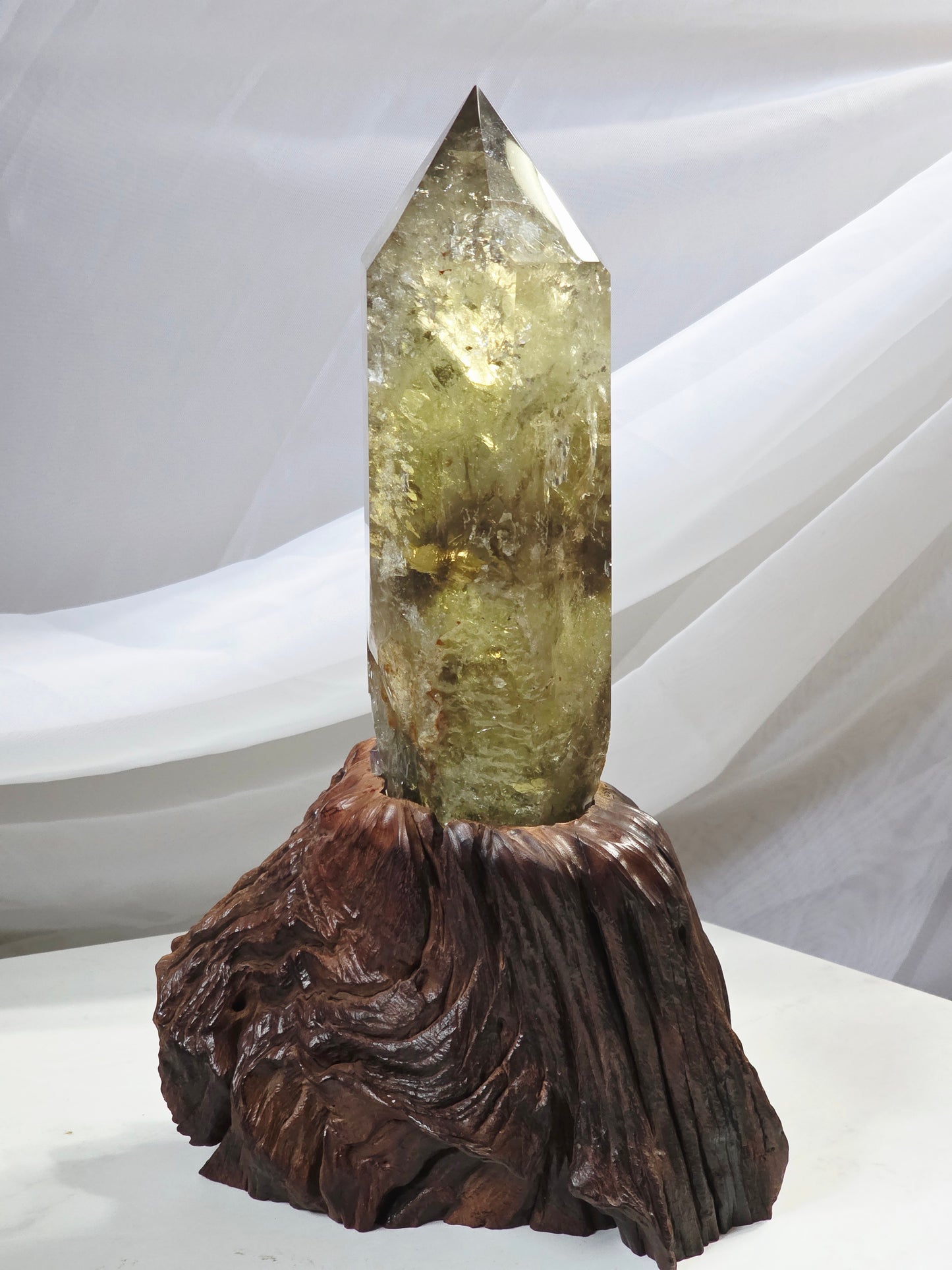 Raw Uncut Base Large Smokey Citrine Crystal Point Wood base included