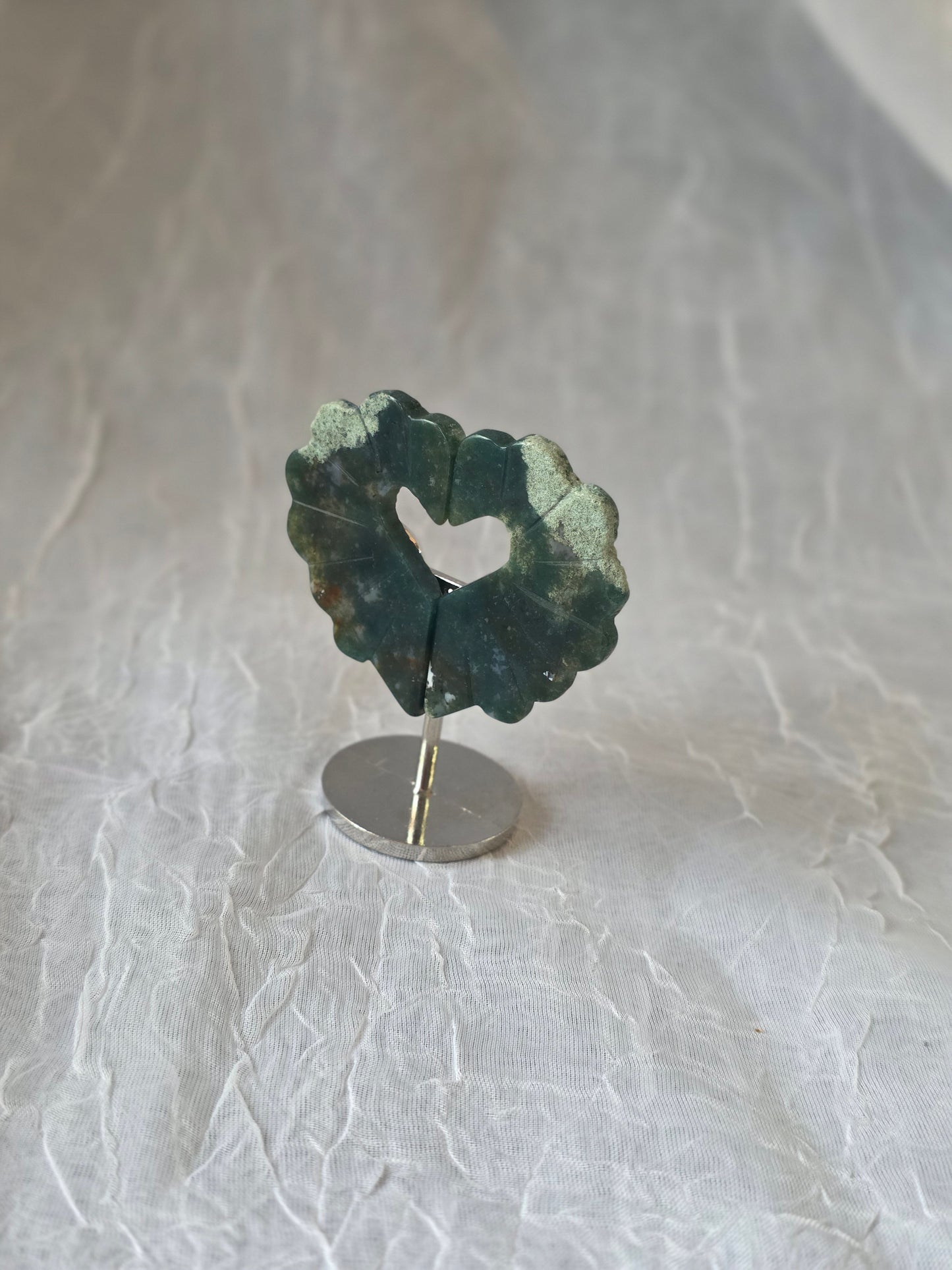 Moss Agate Small Heart Carving on Stand