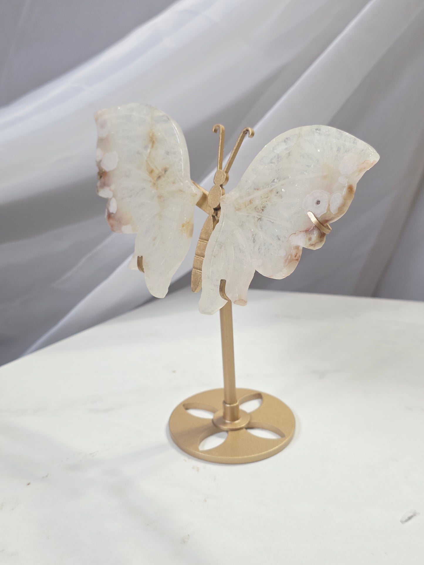 Flower Agate Butterfly Wings on a custom stand