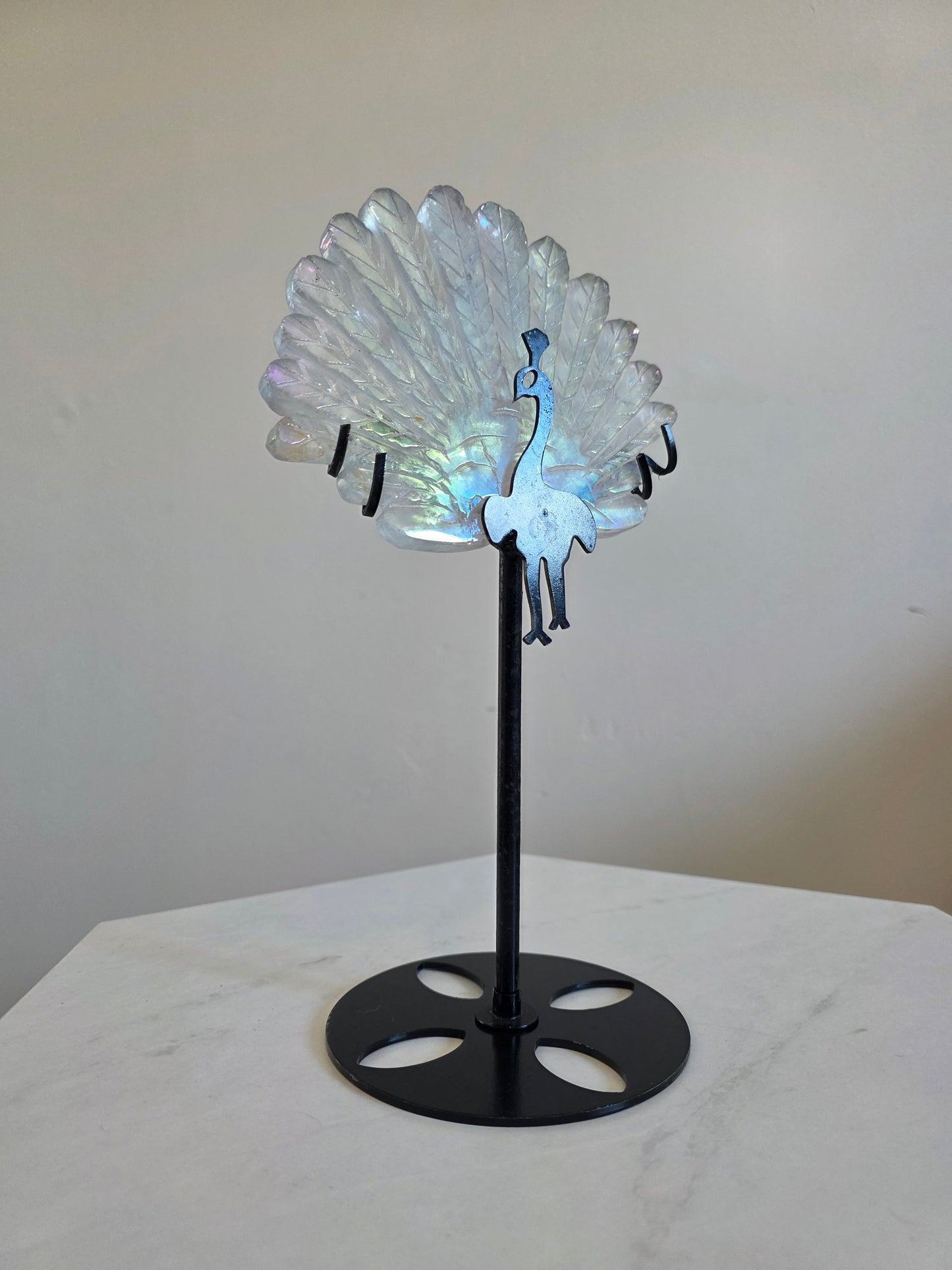 Large Peacock Clear Quartz Carving on stand