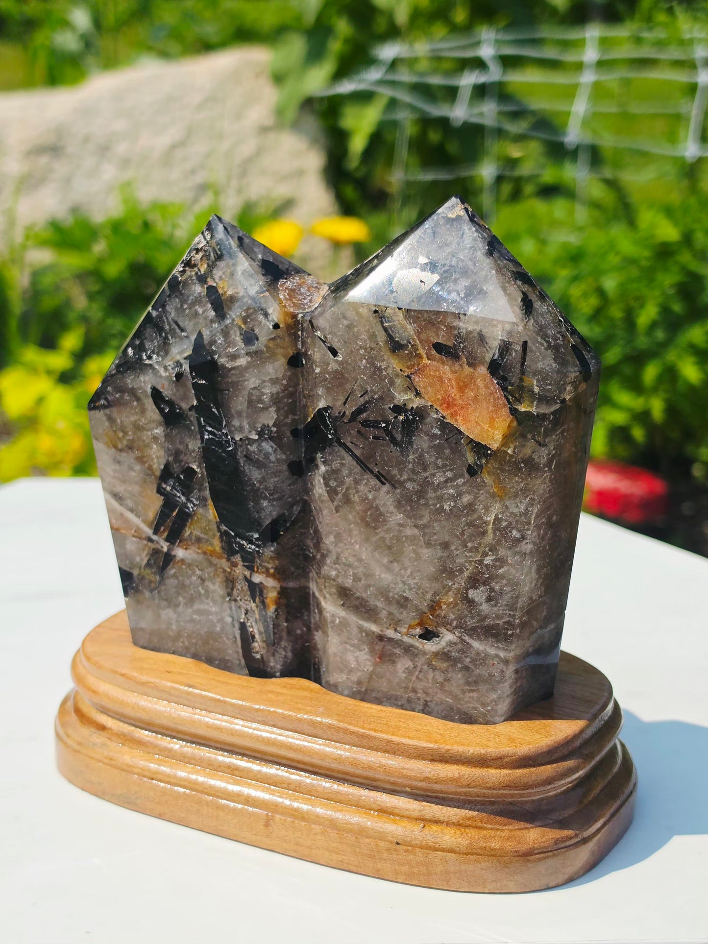 Smokey Double Points Crystal Quartz 4.41lb With Black Rutile Tourmaline On Stand
