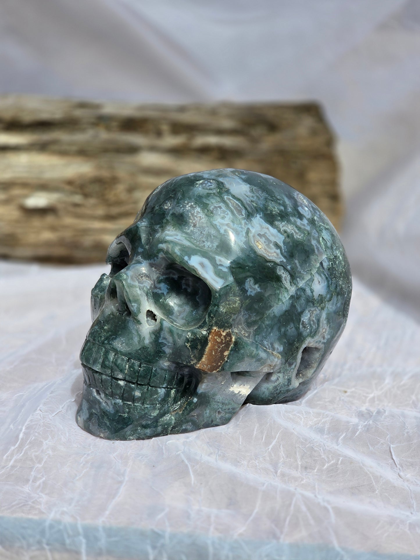 Hand-Carved Natural Green Moss Agate Crystal Skull 5.40 lbs