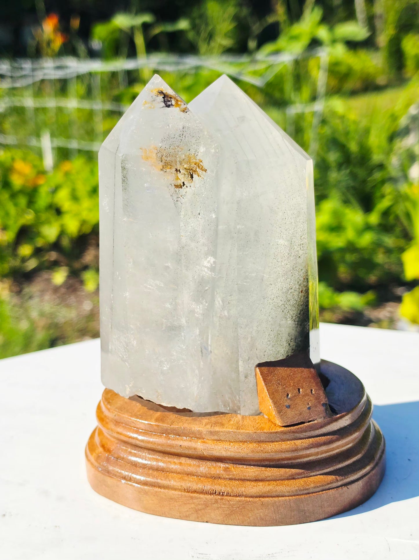 2.2 lbs Garden Quartz Double Top Point Crystal Mineral With Stand  9×17.5 cm