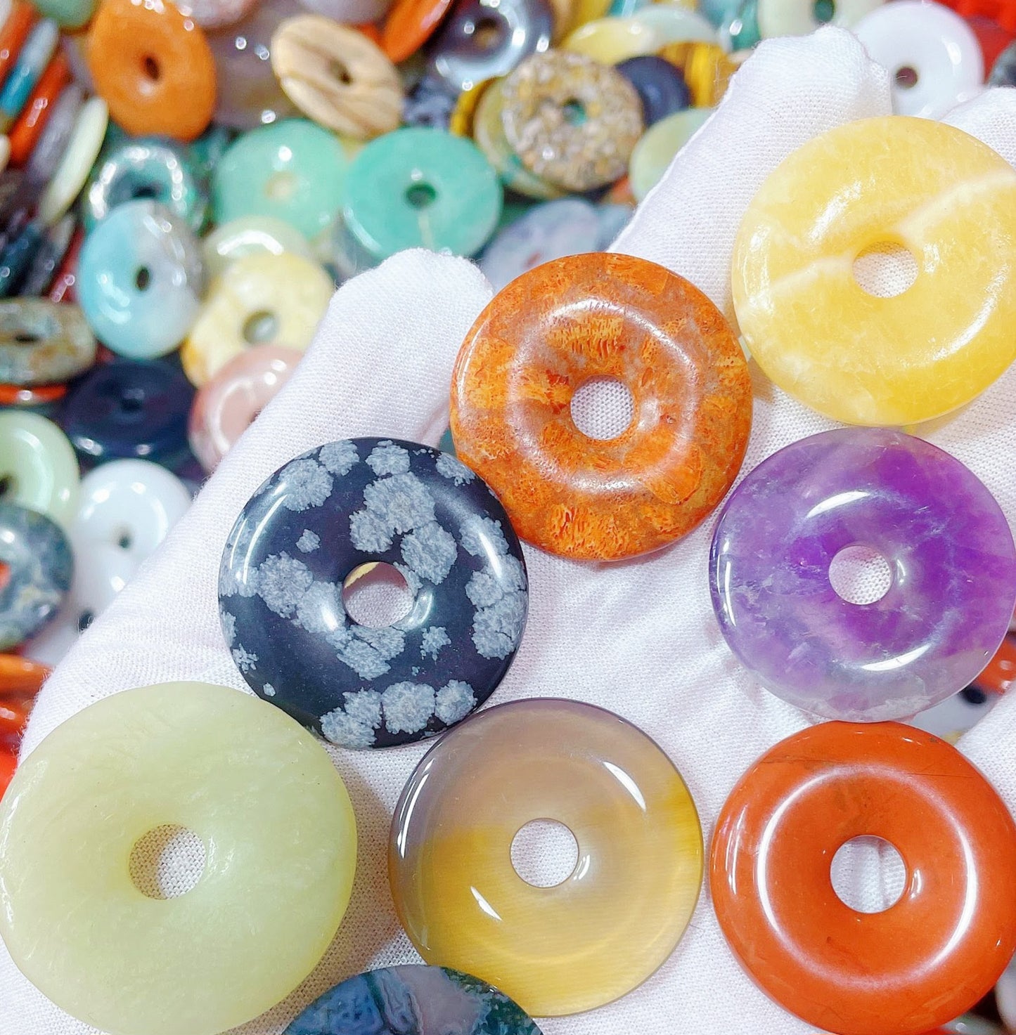100-Piece Bulk Mixed Natural Gemstone Donut Beads (Ping An Kou) 3cm - Crystal Healing Wholesale Lot