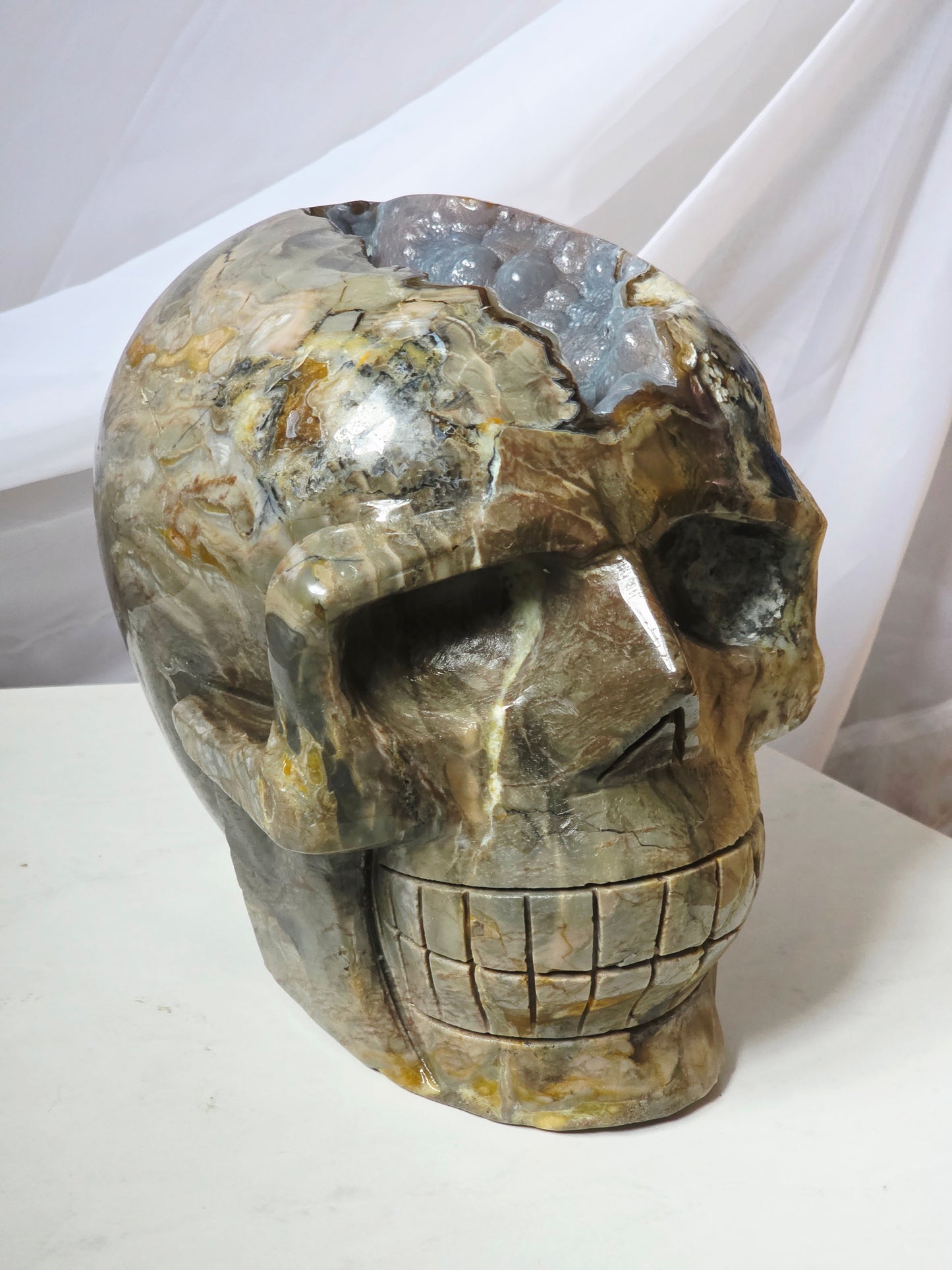 22 Pounds Skull Volcano Agate with Botryoidal UV Geode Hand Carved Mayan Statement Piece