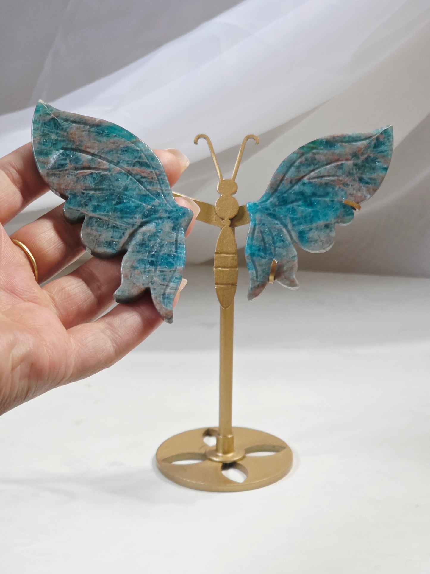 Blue Apatite Butterfly Wings on Gold Stand