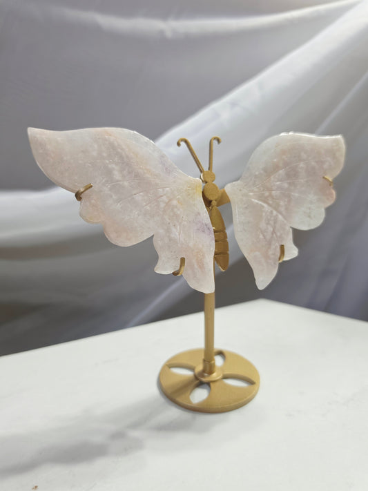 Pink Flower Agate Butterfly Wings Hand Cared on Stand