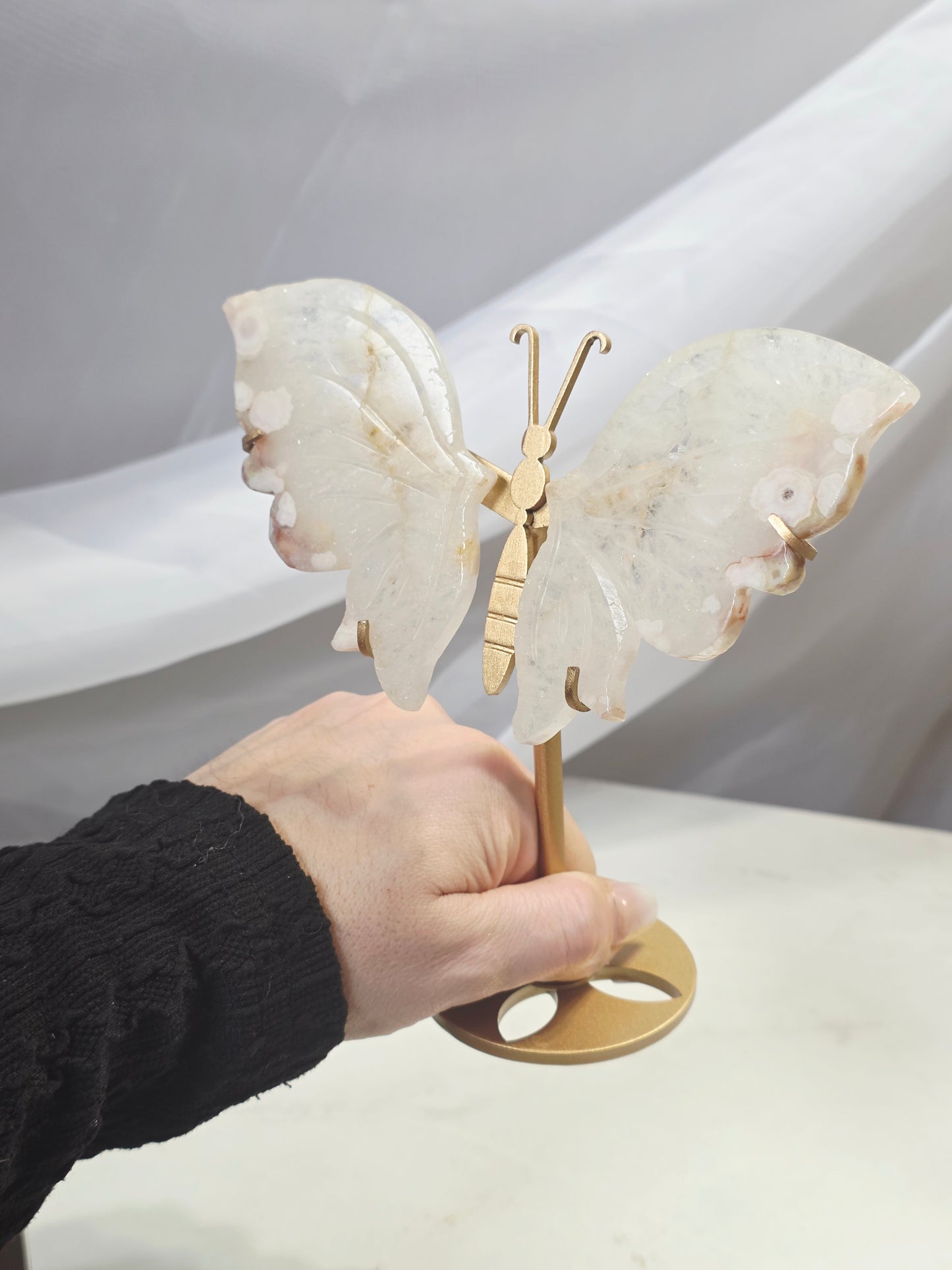 Flower Agate Butterfly Wings on a custom stand