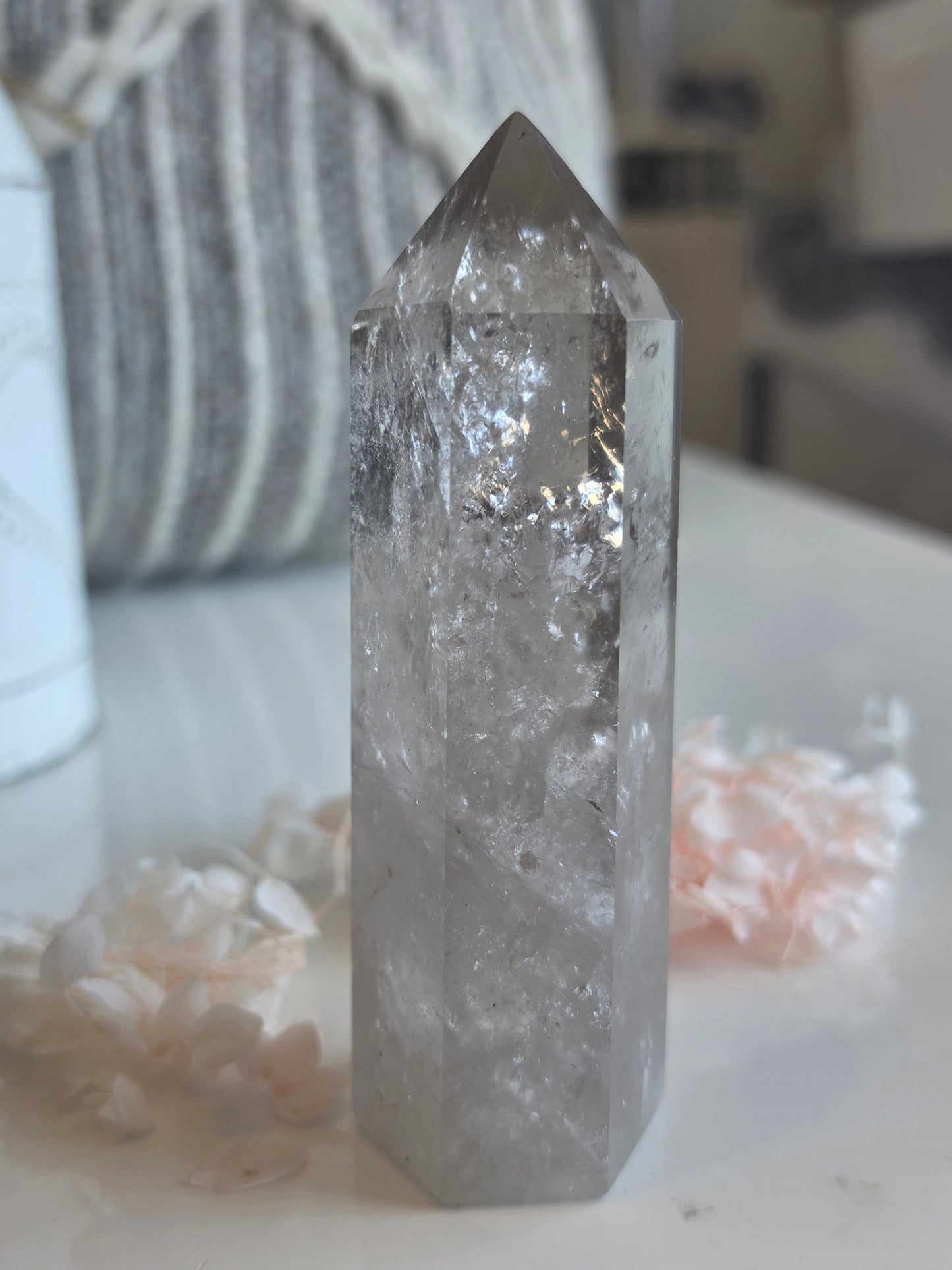 Smokey Clear Quartz Point Rainbow Flash Medium Size Flat Base