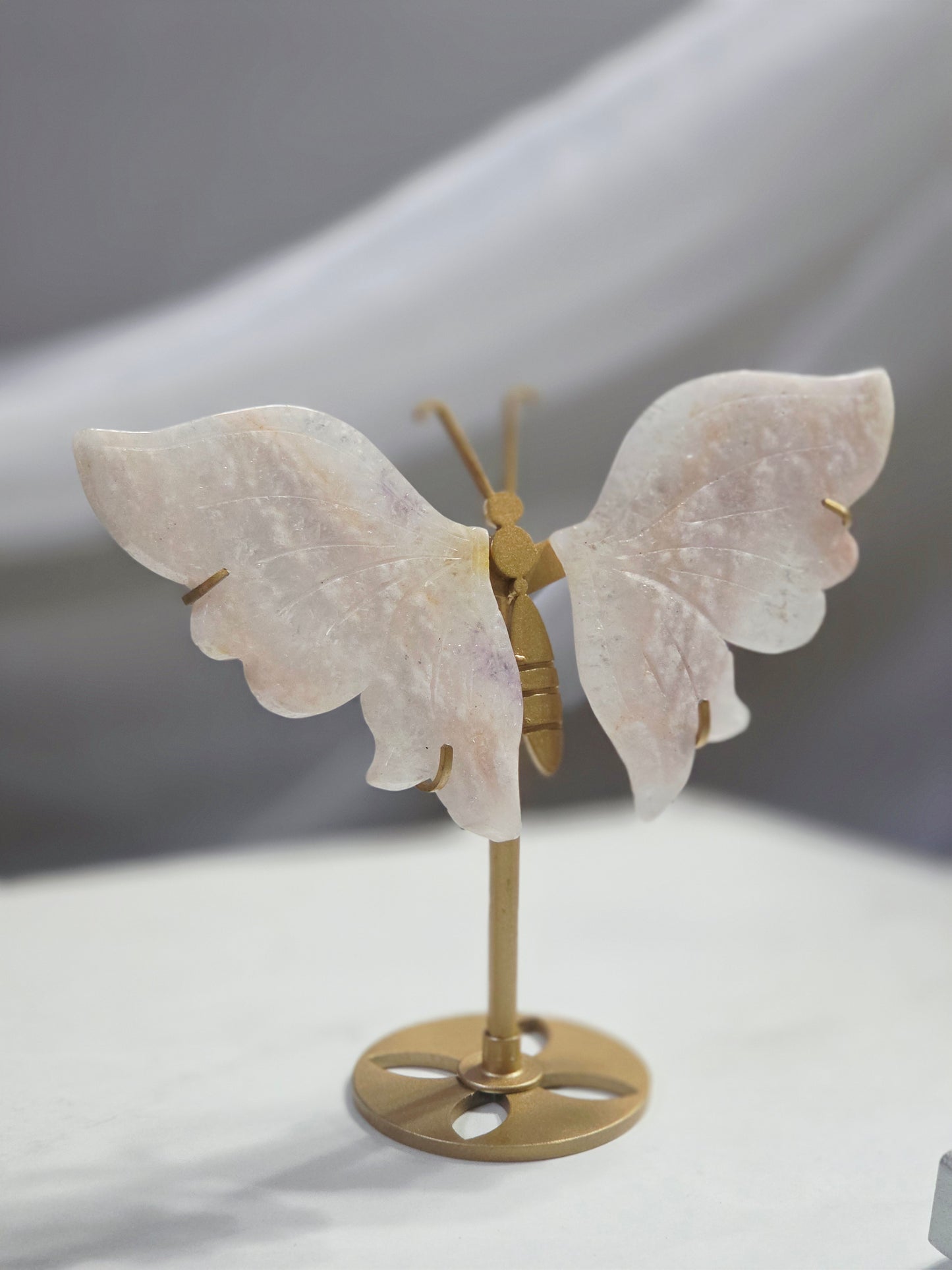 Pink Flower Agate Butterfly Wings Hand Cared on Stand