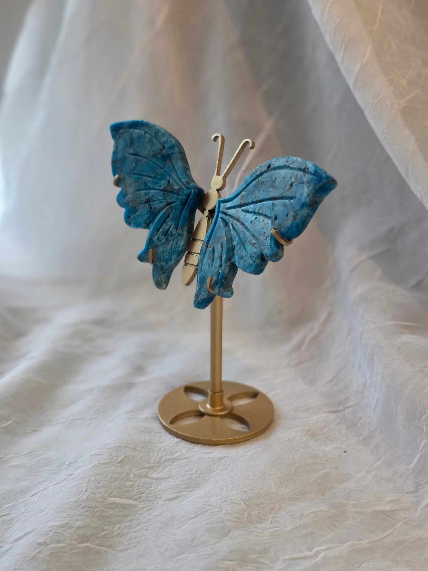 Blue Apatite Butterfly Wings Carving on Stand