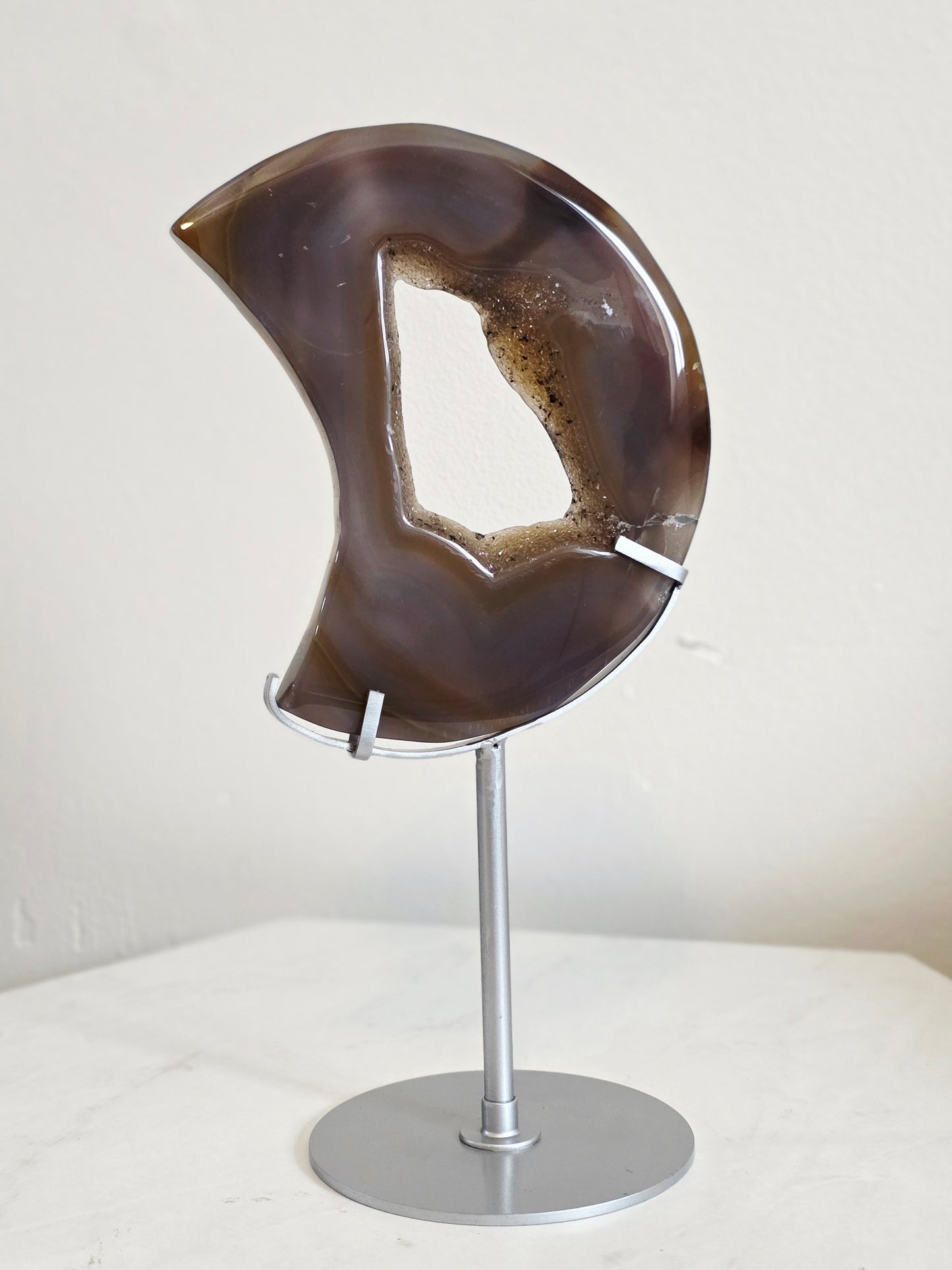 Agate Moon Carving Druzy on Custom Stand