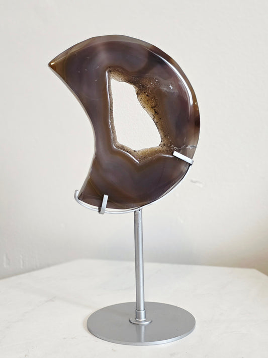 Agate Moon Carving Druzy on Custom Stand