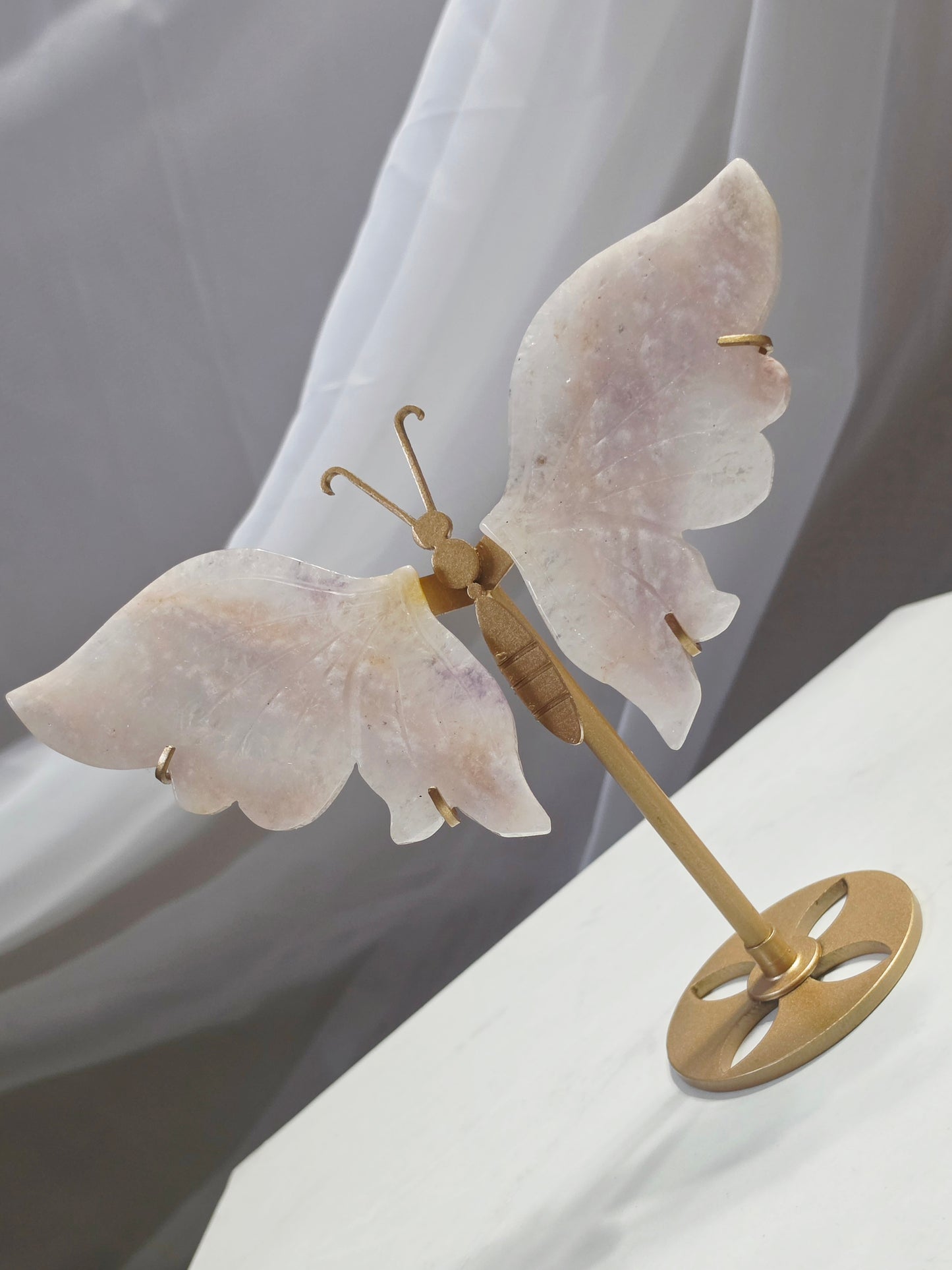 Pink Flower Agate Butterfly Wings Hand Cared on Stand