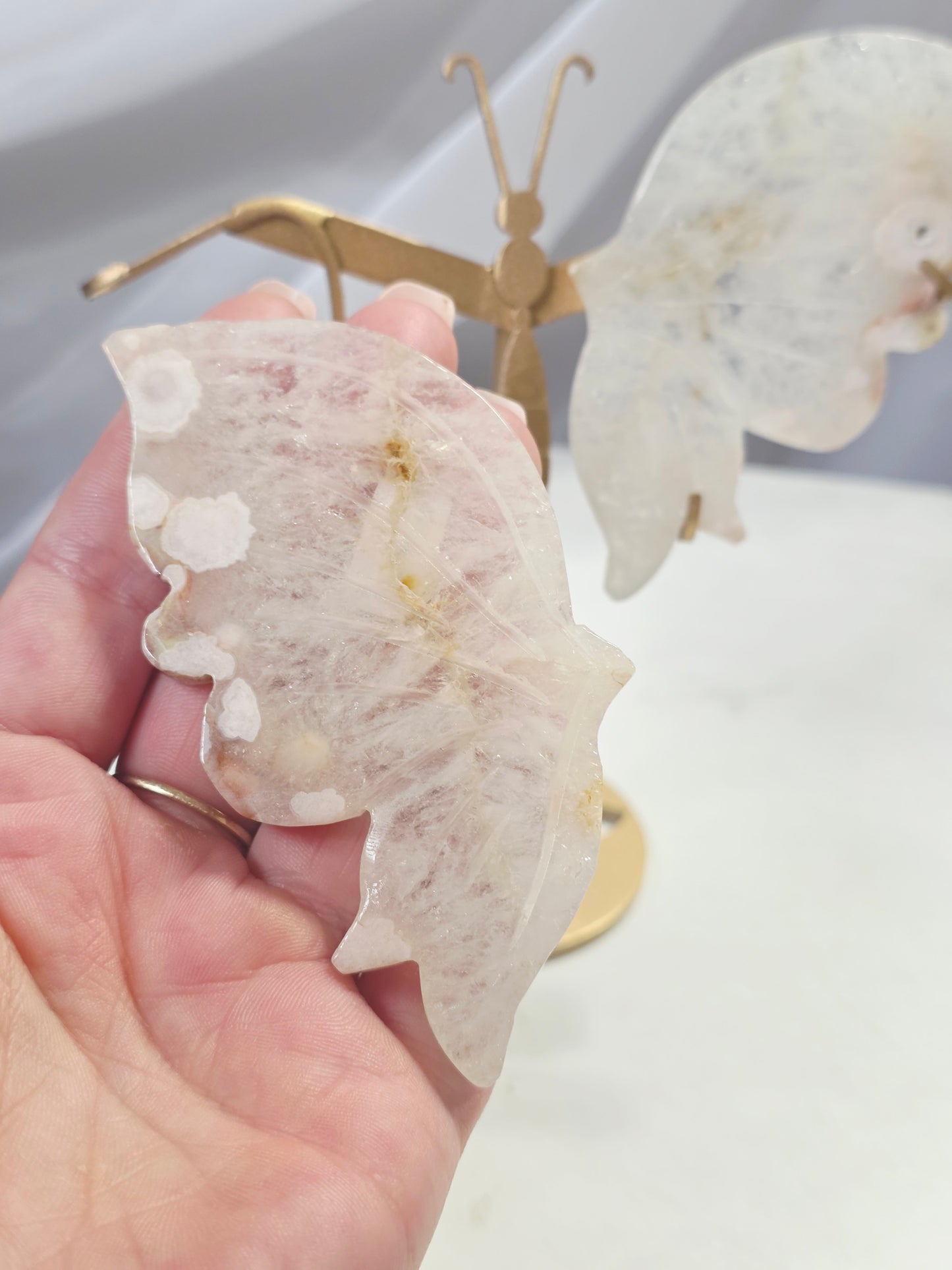 Flower Agate Butterfly Wings on a custom stand