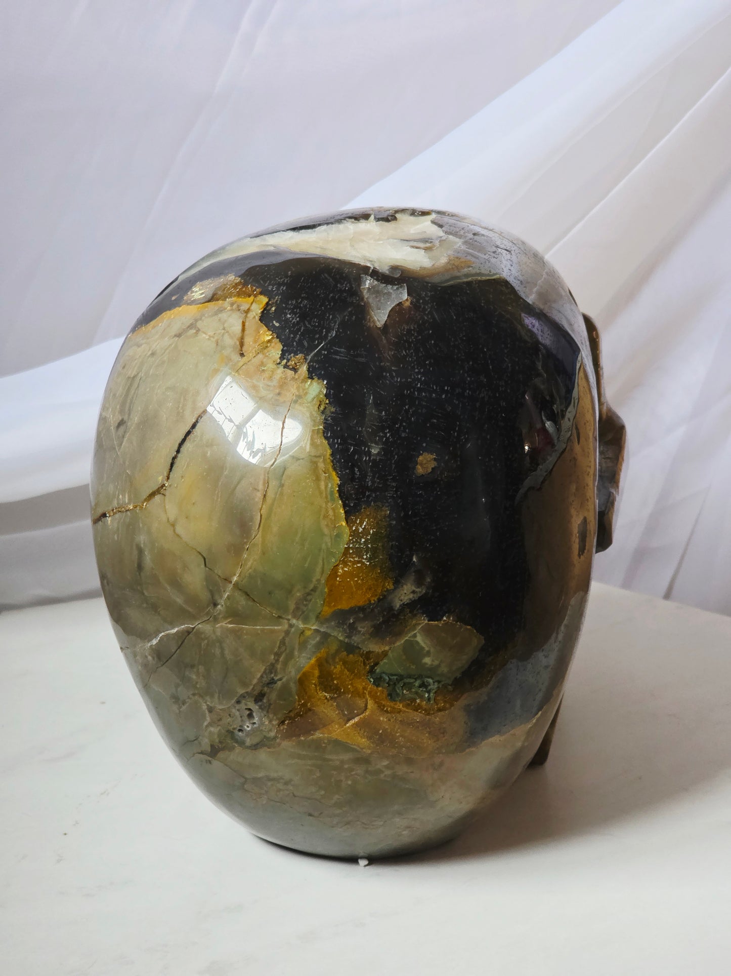 28 Pounds Skull Volcano Agate with Calcite UV Geode Hand Carved Mayan Statement Piece