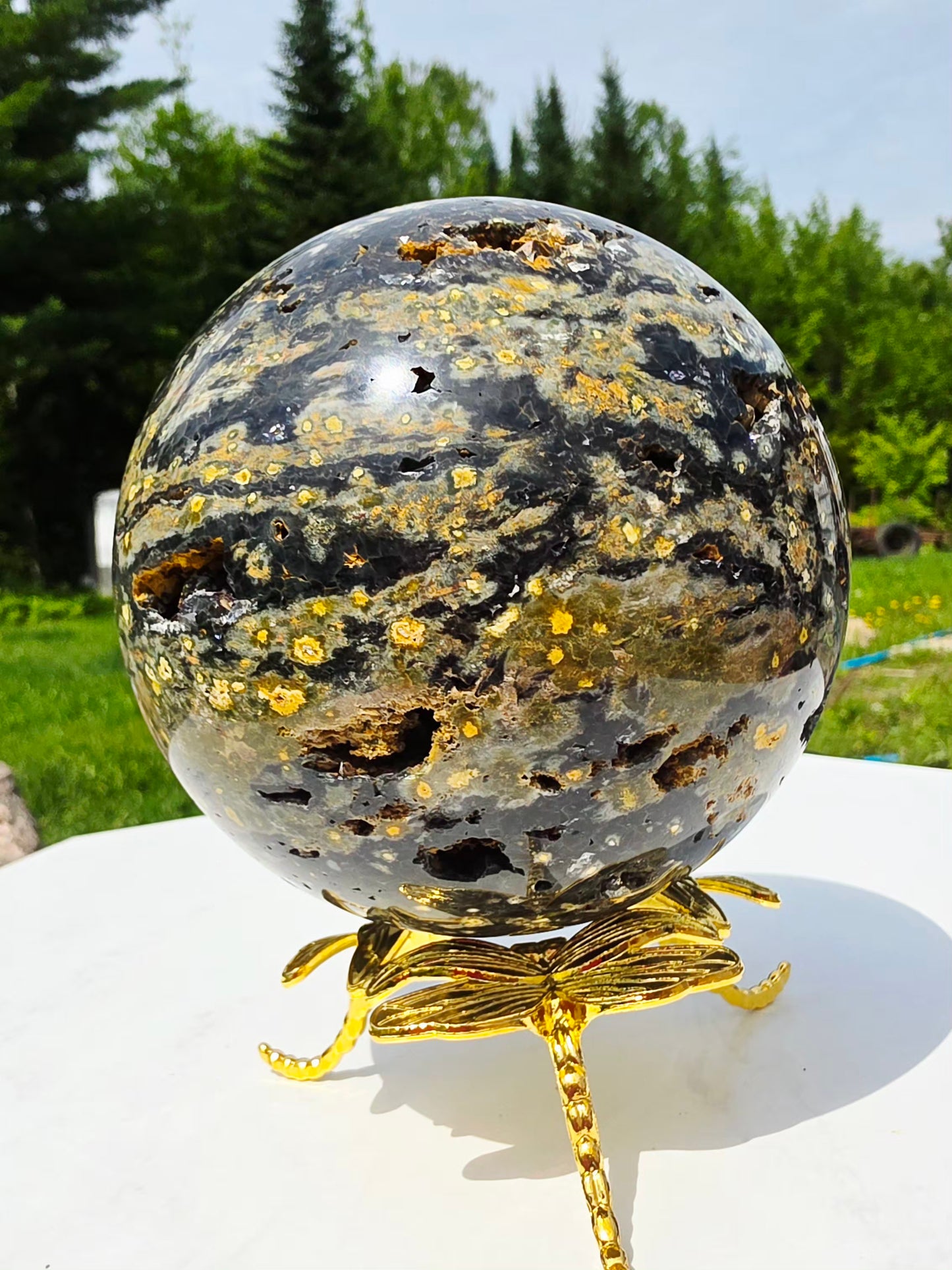 1.77kg Moss Agate Sphere with Butterfly Gold Stand Madagascar Druzy Crystal