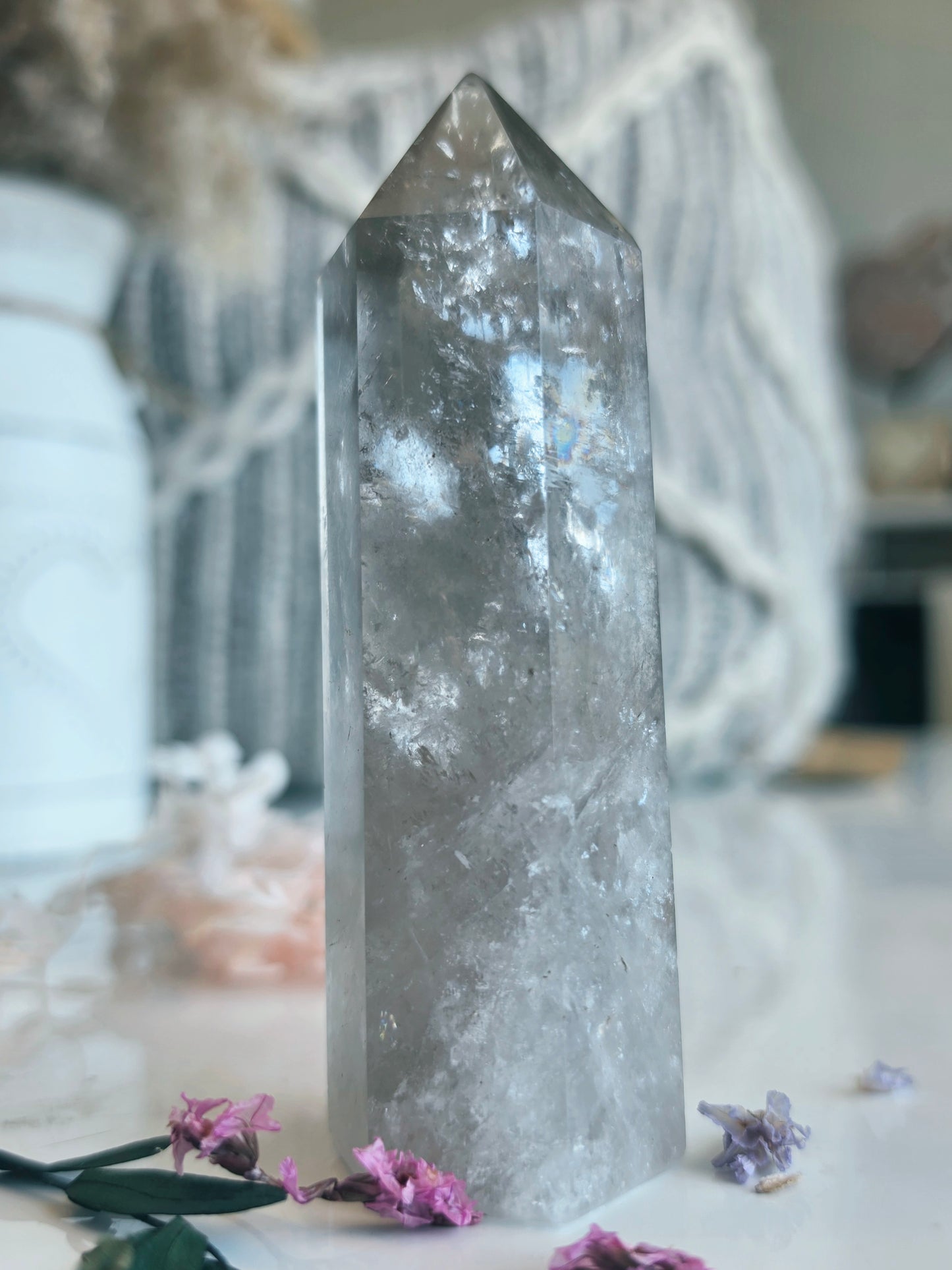 Smokey Clear Quartz Point Rainbow Flash Medium Size Flat Base