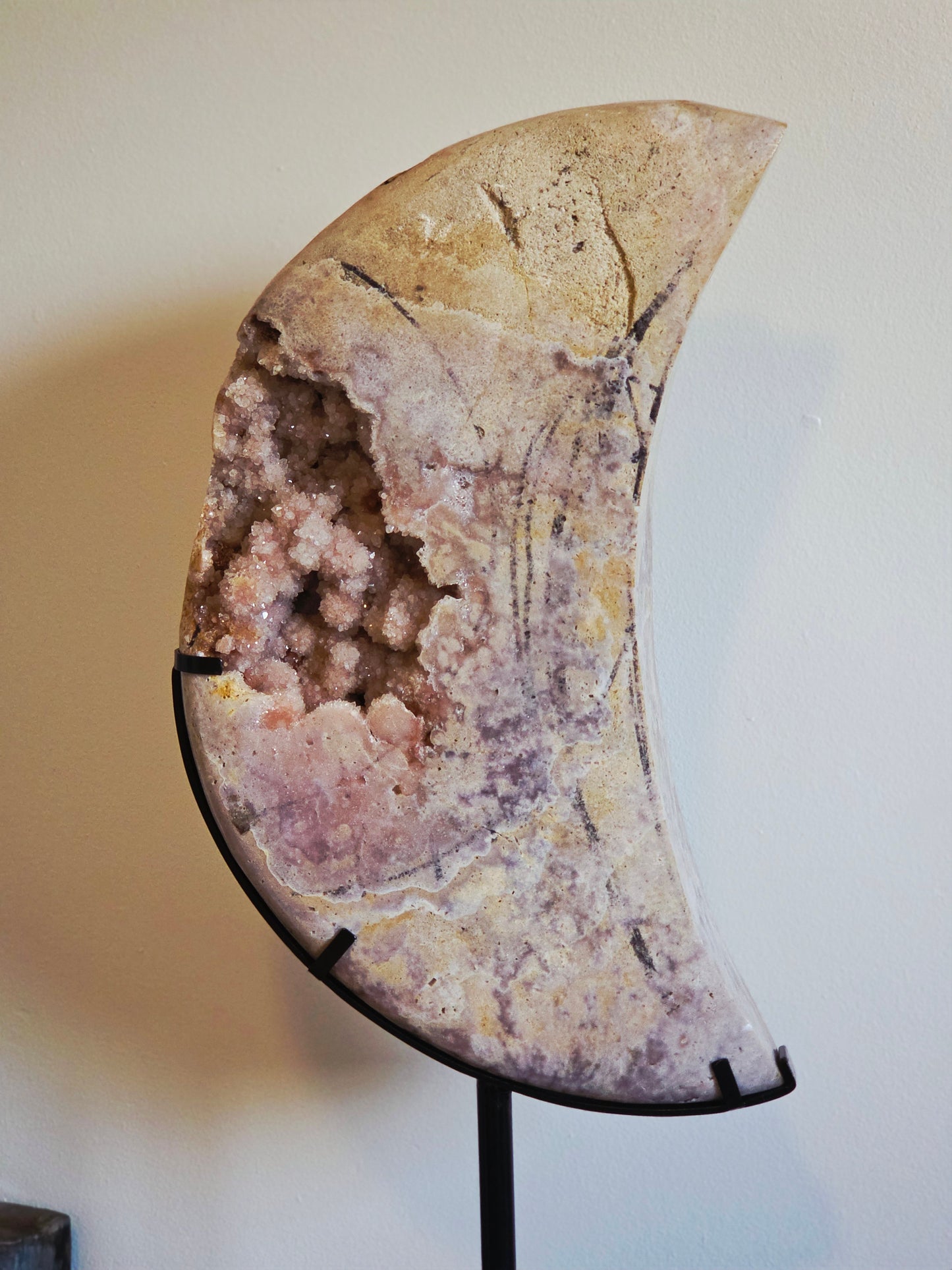 19.84 lbs Pink Amethyst Moon Carving on Custom Stand - Statement Piece