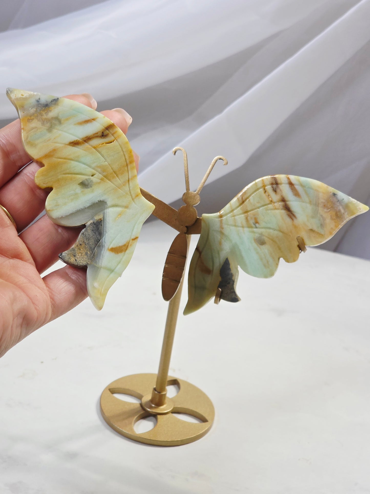Caribbean Calcite Crystal Butterfly Wings on Gold metal stand