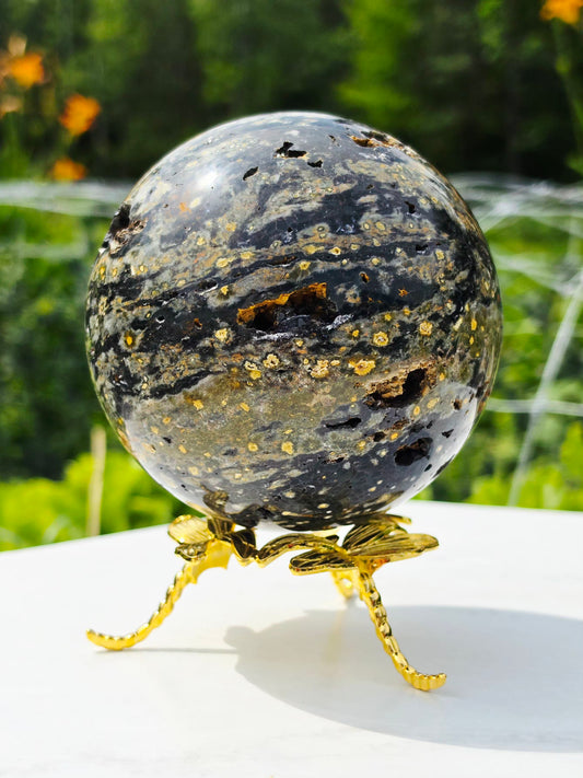 1.77kg Moss Agate Sphere with Butterfly Gold Stand Madagascar Druzy Crystal