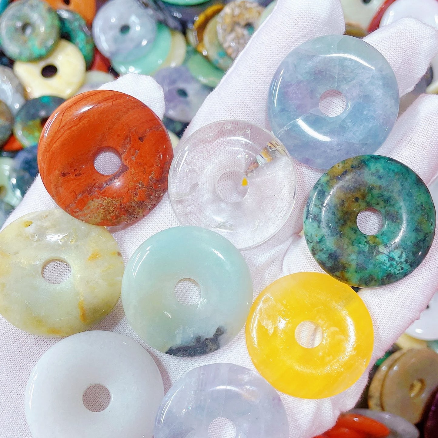 100-Piece Bulk Mixed Natural Gemstone Donut Beads (Ping An Kou) 3cm - Crystal Healing Wholesale Lot