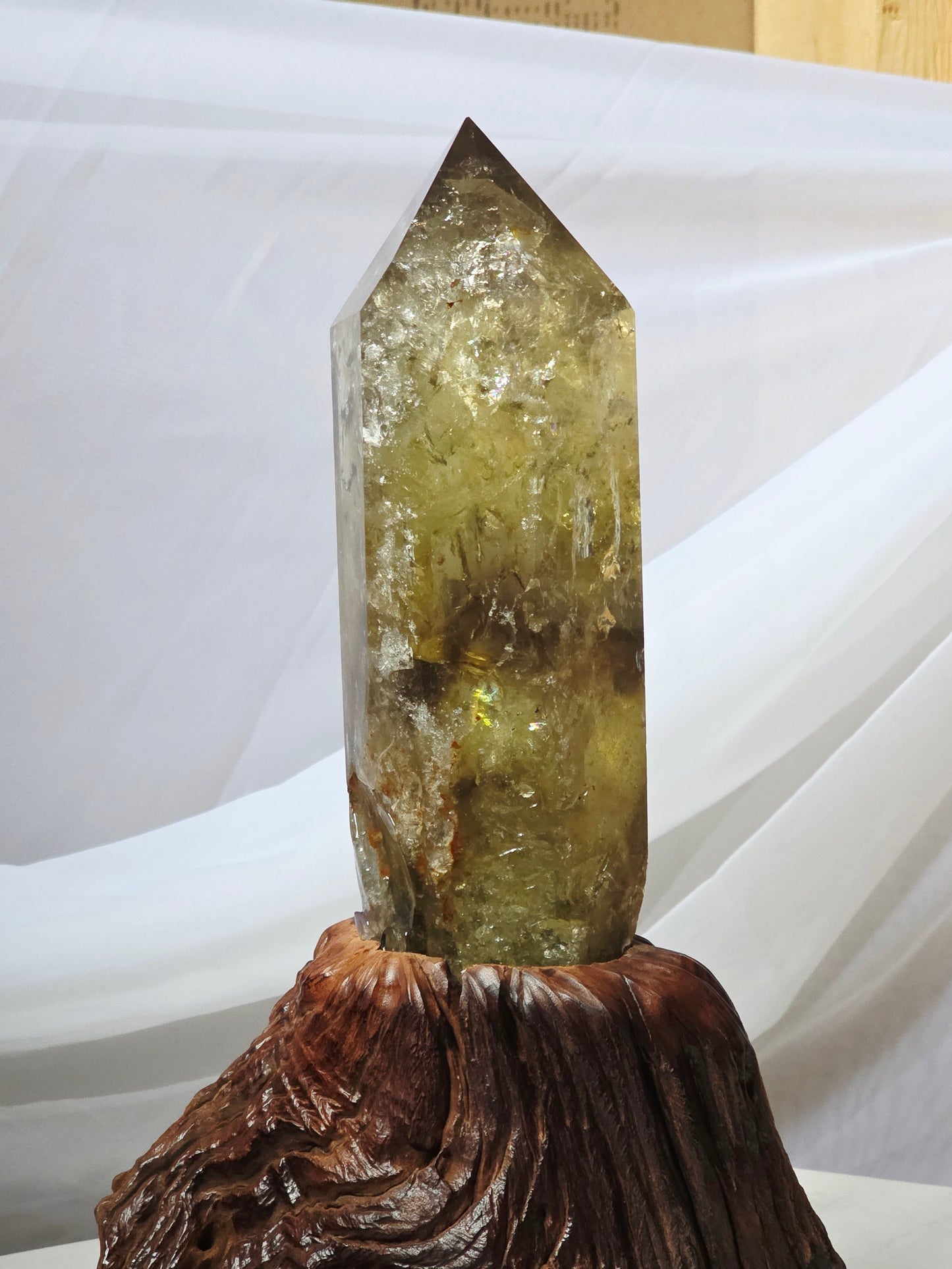 Raw Uncut Base Large Smokey Citrine Crystal Point Wood base included