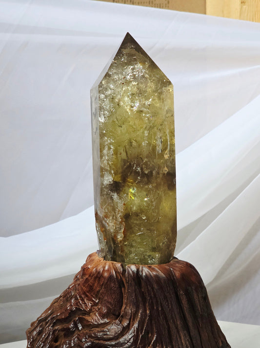 Raw Uncut Base Large Smokey Citrine Crystal Point Wood base included