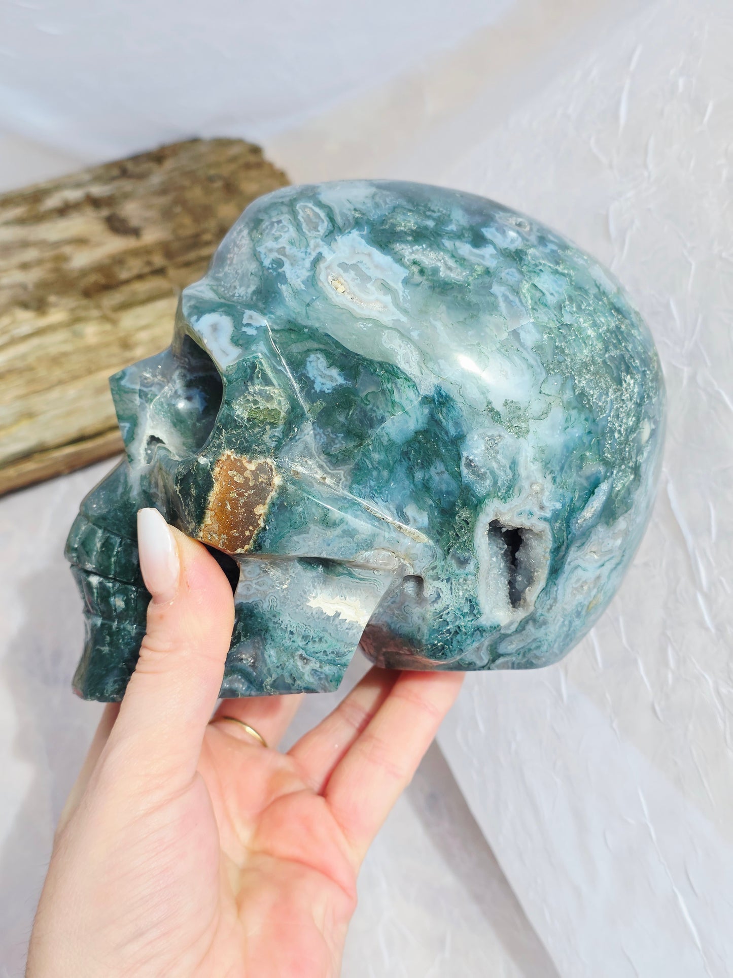 Hand-Carved Natural Green Moss Agate Crystal Skull 5.40 lbs