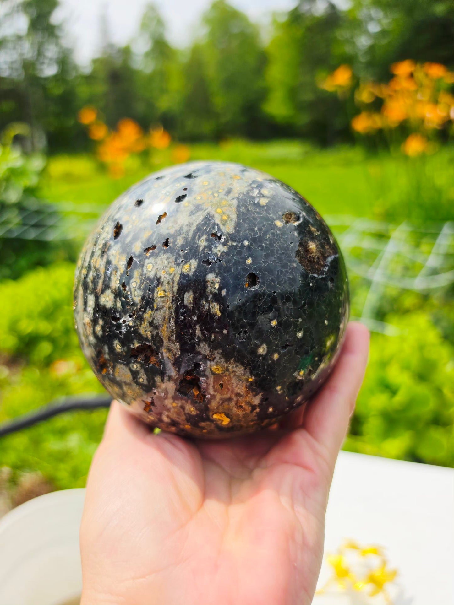 1.77kg Moss Agate Sphere with Butterfly Gold Stand Madagascar Druzy Crystal