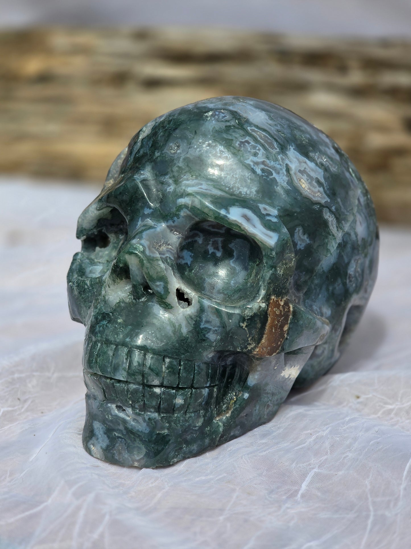 Hand-Carved Natural Green Moss Agate Crystal Skull 5.40 lbs