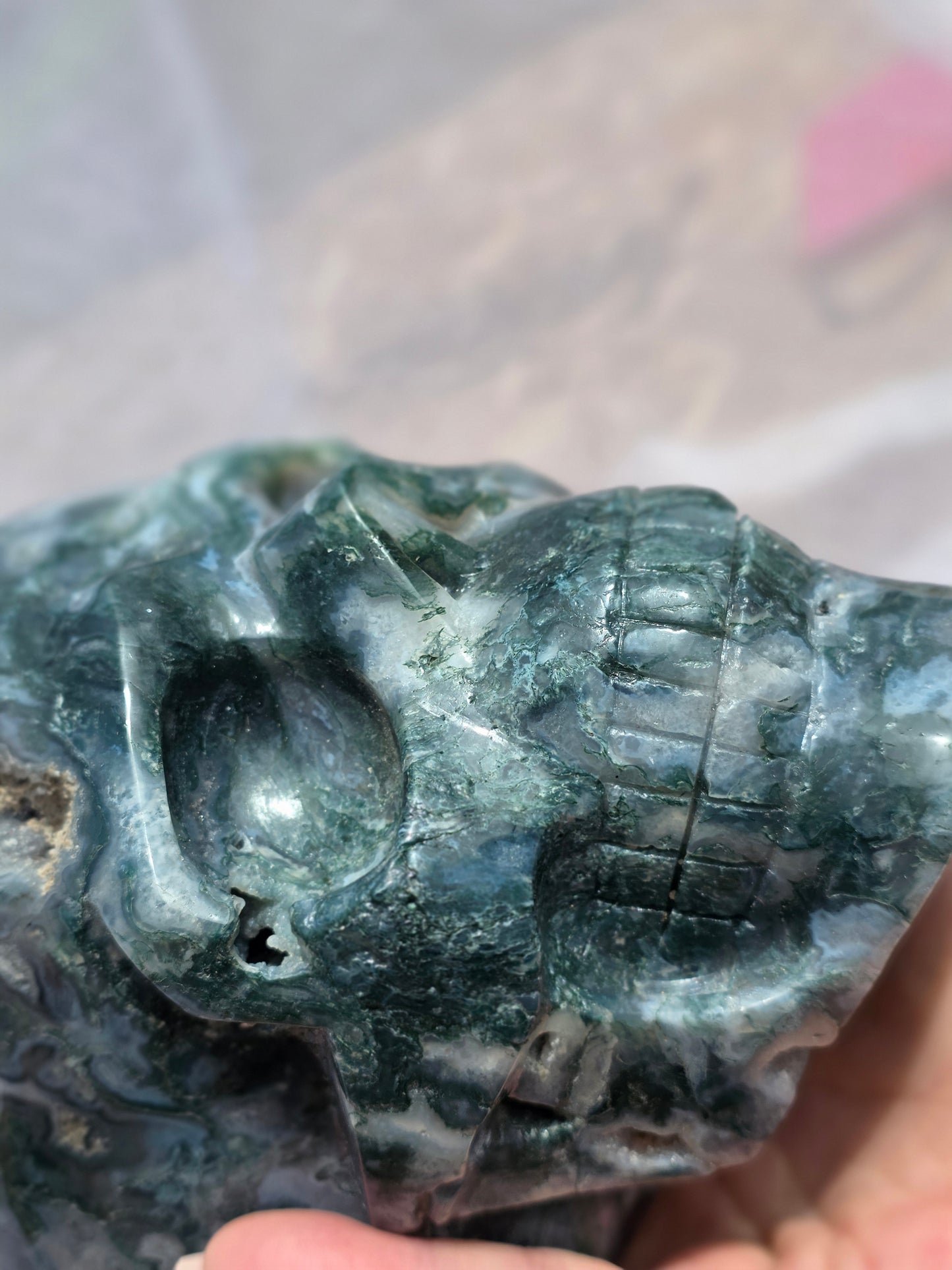 Hand-Carved Natural Green Moss Agate Crystal Skull 5.40 lbs