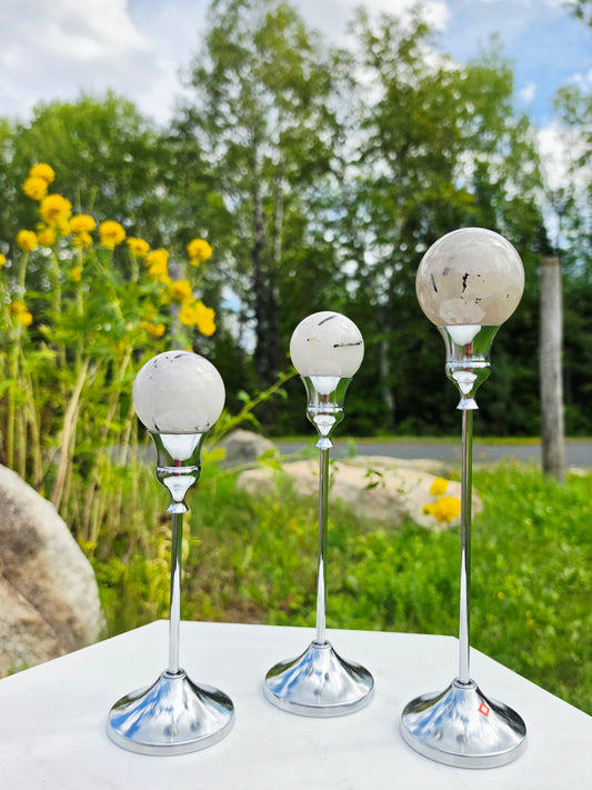 1.46 lbs Clear Quartz with Black Tourmaline Rutile 3 Spheres on Silver Stand