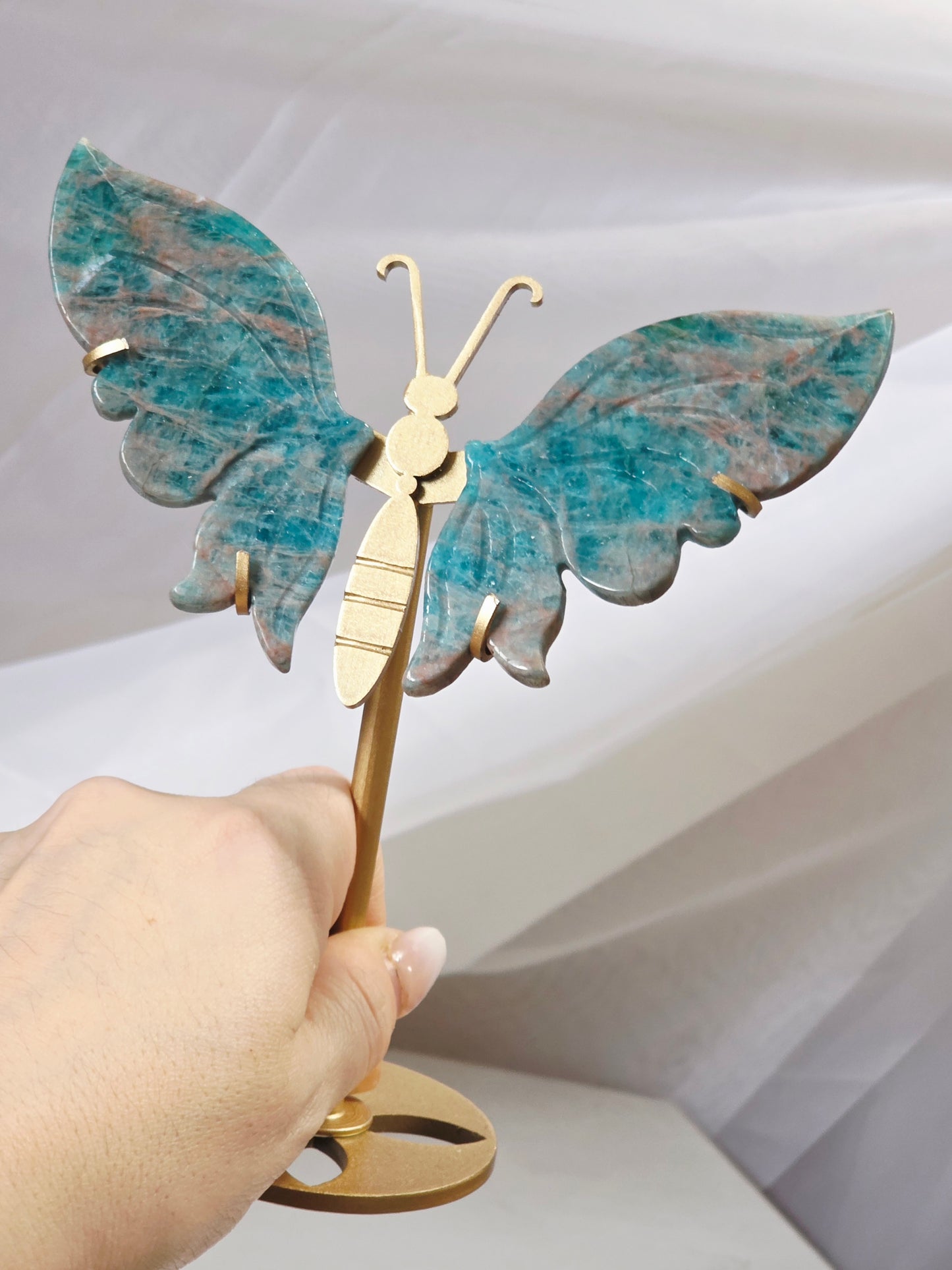 Blue Apatite Butterfly Wings on Gold Stand