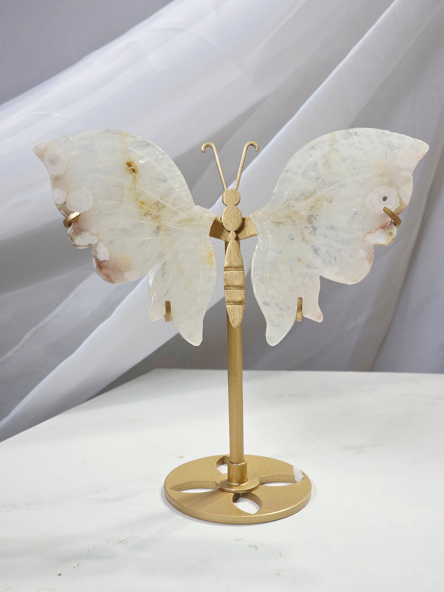 Flower Agate Butterfly Wings on a custom stand