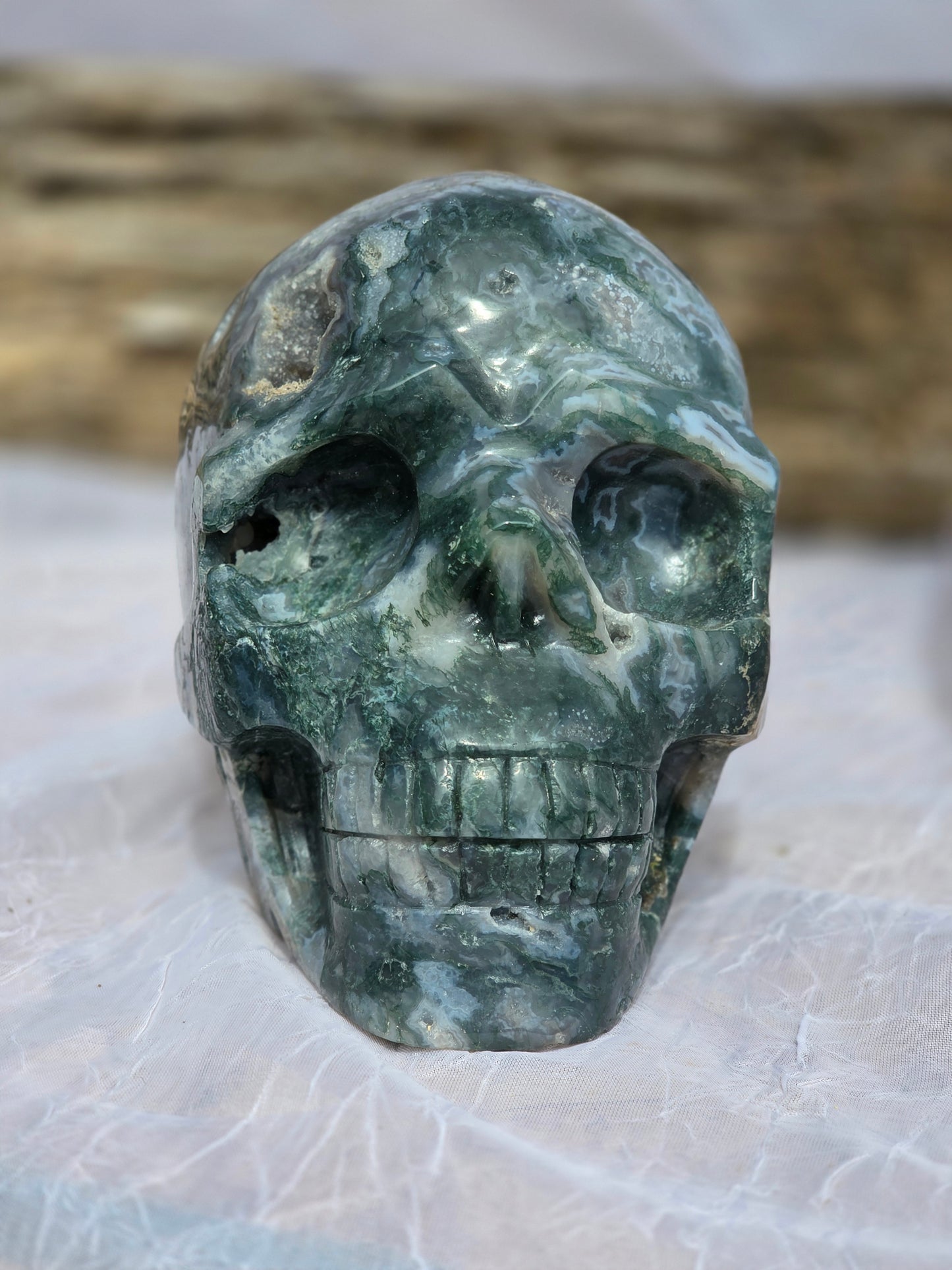 Hand-Carved Natural Green Moss Agate Crystal Skull 5.40 lbs