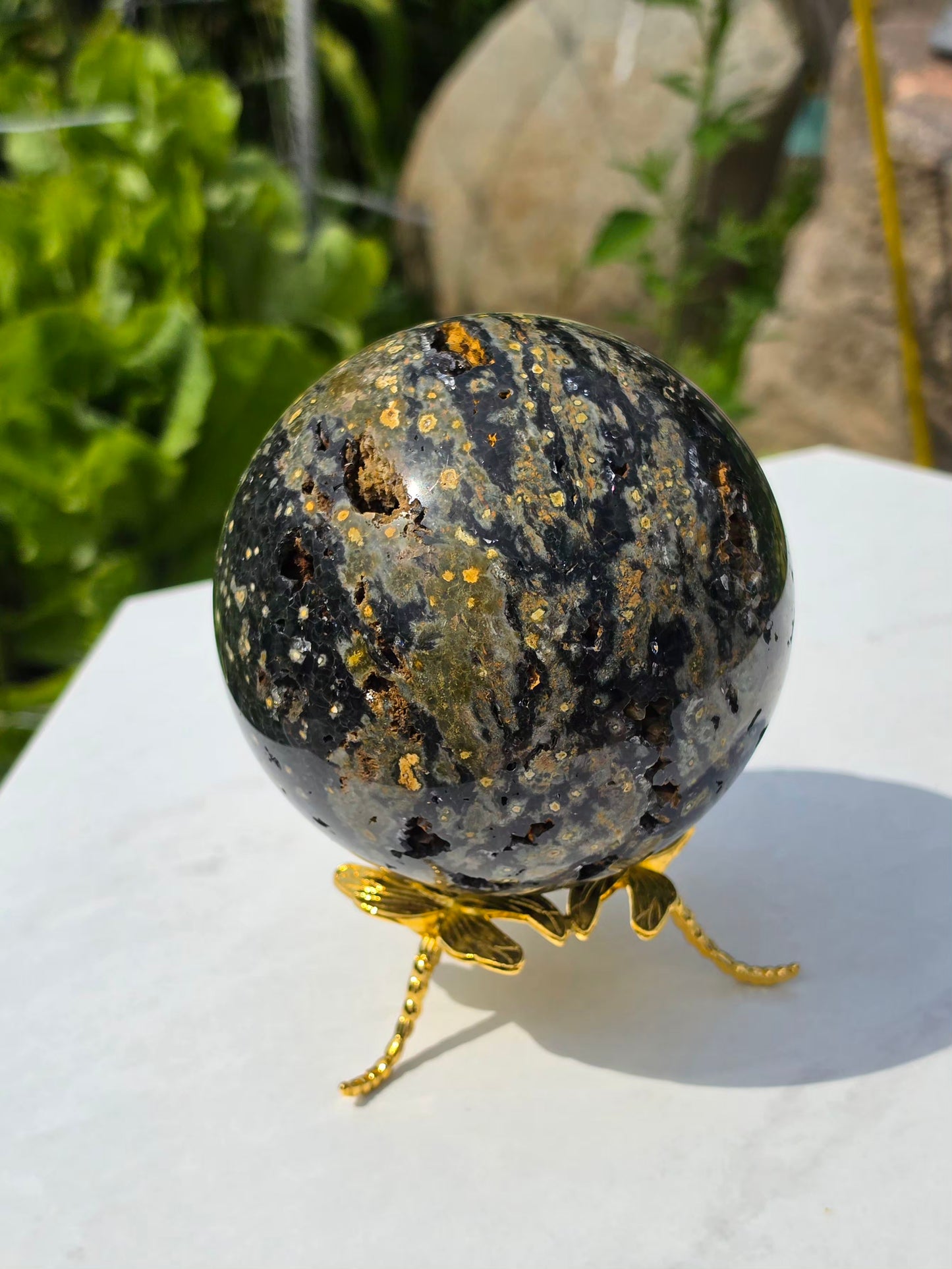 1.77kg Moss Agate Sphere with Butterfly Gold Stand Madagascar Druzy Crystal