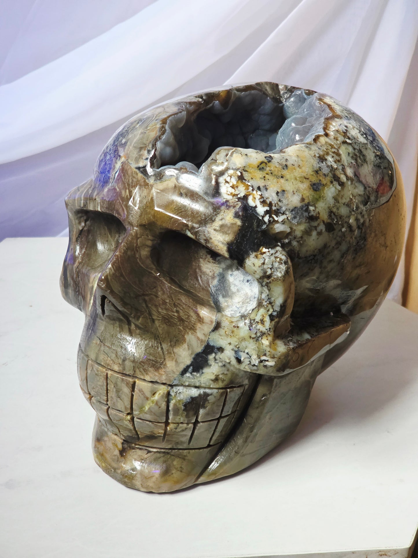 22 Pounds Skull Volcano Agate with Botryoidal UV Geode Hand Carved Mayan Statement Piece